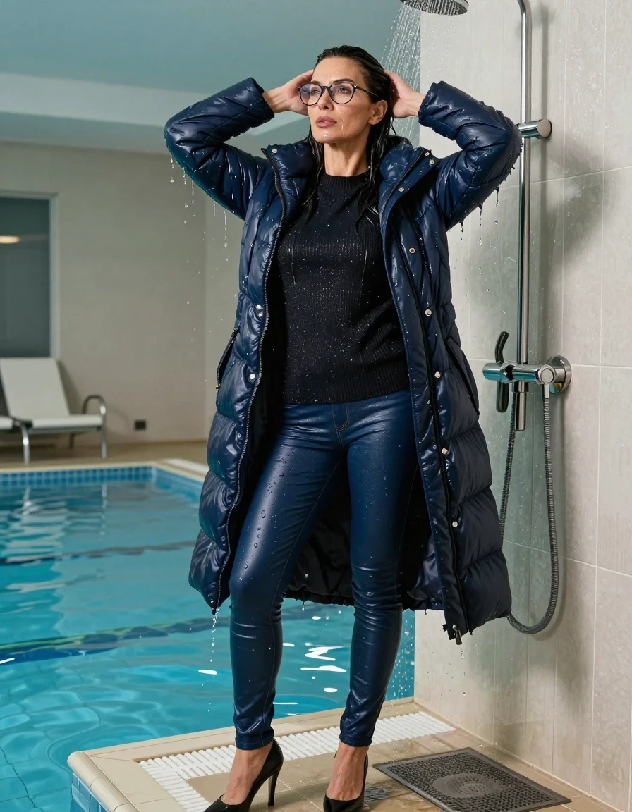 photo of young woman, in soaking wet, drenched clothes,
shoes, long blue leather jeans, BLACK sweater DRESS with neck, maxi dark blue DOWN JACKET, TAKING SHOWER, indoor swimming pool, enjoying wet clothes stuck body, 
enjoying, wet clothes stuck to body,
detailed textures of the wet clothes, wet face, wet plastered hair,
wet, drenched, professional, high-quality details, full body view.
sharp focus, ultra-high pixel detail, realistic, high-quality, full colors, incredibly detailed, 4k, 8k, 16k, hyper-realistic, RAW photo, masterpiece, ultra-detailed, professionally color graded, professional photograph, europen brunette skinny woman 50 years old, long dark black hair, very big and thick lips,  office glasses, complete body, wet skin, wet clothes, damp fabric, wet skin, wet clothes, damp fabric, wet skin, wet clothes, damp fabric, wet skin, wet clothes, damp fabric, wet skin, wet clothes, damp fabric