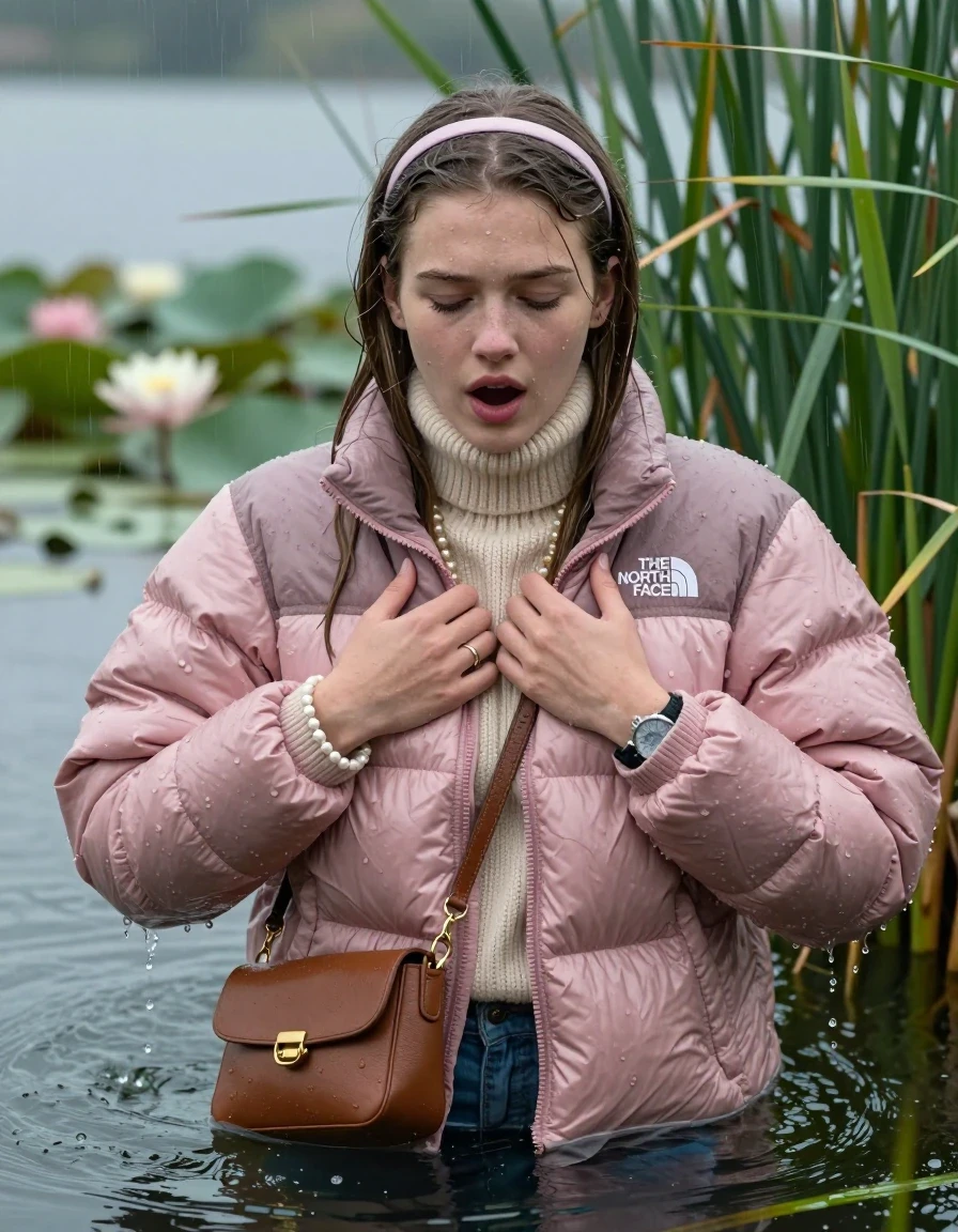 photo of young woman, in soaking wet, drenched clothes,
, , Light pink puffer down jacket from north face,  knit turtleneck sweater, handbag, pearl necklace, bracelet, wristwatch , knitted scarf, Emerging after diving in a lake with water lilies and reeds, rain , 
enjoying, wet clothes stuck to body,
detailed textures of the wet clothes, wet face, wet plastered hair,
wet, drenched, professional, high-quality details, full body view.
sharp focus, ultra-high pixel detail, realistic, high-quality, full colors, incredibly detailed, 4k, 8k, 16k, hyper-realistic, RAW photo, masterpiece, ultra-detailed, professionally color graded, professional photograph, Sleek long straight hair, hairband

19 years old  teenage girl

she is completely underwater up to her shoulders, careful and shy expression. Looking at camera. Hold her hands on her breast. Open mouth, closed eyes. Ducks into the water.

She hides in the reeds and is surprised by spectators

her submerged clothes are hardly vusible under water, she soaked her handbag into the water

close up view, wet skin, wet clothes, wet hair, damp fabric, water runs down the clothes, wet skin, wet clothes, damp fabric, wet skin, wet clothes, damp fabric, wet skin, wet clothes, damp fabric, wet skin, wet clothes, damp fabric, wet skin, wet clothes, damp fabric, wet skin, wet clothes, damp fabric, wet skin, wet clothes, damp fabric, wet skin, wet clothes, damp fabric, wet skin, wet clothes, damp fabric, wet skin, wet clothes, damp fabric, wet skin, wet clothes, damp fabric, wet skin, wet clothes, damp fabric, wet skin, wet clothes, damp fabric, wet skin, wet clothes, damp fabric
