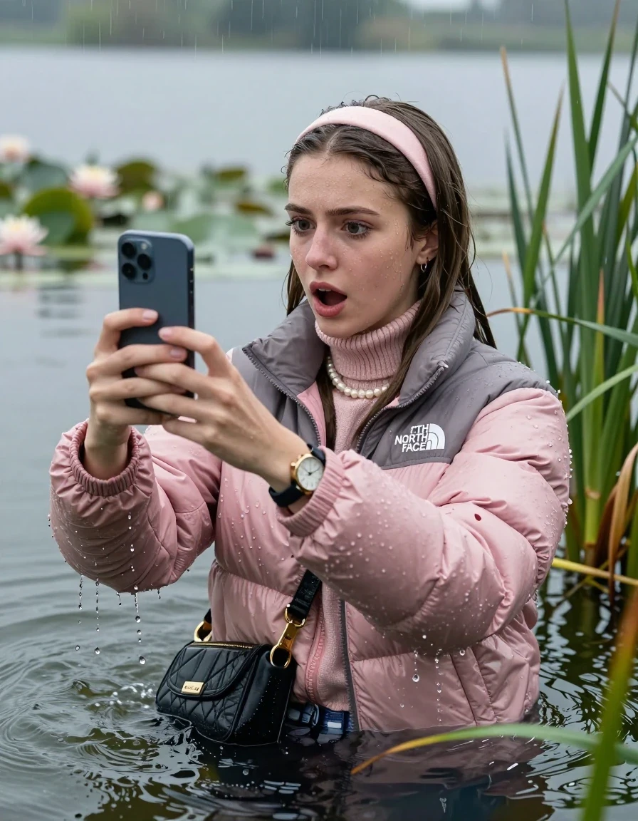 photo of young woman, in soaking wet, drenched clothes,
, , Light pink puffer down jacket from north face,  knit turtleneck sweater, handbag, pearl necklace, bracelet, wristwatch , Emerging after diving in a lake with water lilies and reeds, rain , 
enjoying, wet clothes stuck to body,
detailed textures of the wet clothes, wet face, wet plastered hair,
wet, drenched, professional, high-quality details, full body view.
sharp focus, ultra-high pixel detail, realistic, high-quality, full colors, incredibly detailed, 4k, 8k, 16k, hyper-realistic, RAW photo, masterpiece, ultra-detailed, professionally color graded, professional photograph, Sleek long straight hair, hairband

19 years old  teenage girl

open mouth, big eyes, hold her smartphone in her hands while sinking under water and take a selfie 

she is completely underwater up to her neck, frightened and fearful expression.

She hides in the reeds and is surprised by spectators

her submerged clothes are hardly vusible under water, she soaked her handbag into the water

close up view, wet skin, wet clothes, wet hair, damp fabric, water runs down the clothes, wet skin, wet clothes, damp fabric, wet skin, wet clothes, damp fabric, wet skin, wet clothes, damp fabric, wet skin, wet clothes, damp fabric, wet skin, wet clothes, damp fabric, wet skin, wet clothes, damp fabric, wet skin, wet clothes, damp fabric, wet skin, wet clothes, damp fabric, wet skin, wet clothes, damp fabric, wet skin, wet clothes, damp fabric, wet skin, wet clothes, damp fabric, wet skin, wet clothes, damp fabric, wet skin, wet clothes, damp fabric