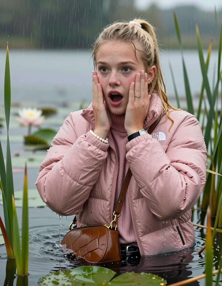 photo of young woman, in soaking wet, drenched clothes,
, , Light pink puffer down jacket from north face,  knit turtleneck sweater, handbag, pearl necklace, bracelet, wristwatch , Emerging after diving in a lake with water lilies and reeds, rain , 
enjoying, wet clothes stuck to body,
detailed textures of the wet clothes, wet face, wet plastered hair,
wet, drenched, professional, high-quality details, full body view.
sharp focus, ultra-high pixel detail, realistic, high-quality, full colors, incredibly detailed, 4k, 8k, 16k, hyper-realistic, RAW photo, masterpiece, ultra-detailed, professionally color graded, professional photograph, Blonde Sleek long ponytail with bangs, hairband

18-years-old  teenage girl

Hold her hands over her face, open mouth, big eyes

she is completely underwater up to her neck, shocked expression.

She hides in the reeds and is surprised by spectators

her submerged clothes are hardly vusible under water, she soaked her handbag into the water

close up view, wet skin, wet clothes, wet hair, damp fabric, water runs down the clothes, wet skin, wet clothes, damp fabric, wet skin, wet clothes, damp fabric, wet skin, wet clothes, damp fabric, wet skin, wet clothes, damp fabric, wet skin, wet clothes, damp fabric, wet skin, wet clothes, damp fabric, wet skin, wet clothes, damp fabric, wet skin, wet clothes, damp fabric, wet skin, wet clothes, damp fabric, wet skin, wet clothes, damp fabric, wet skin, wet clothes, damp fabric, wet skin, wet clothes, damp fabric