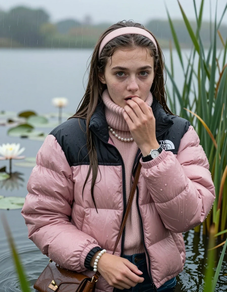 photo of young woman, in soaking wet, drenched clothes,
, , Light pink puffer down jacket from north face,  knit turtleneck sweater, handbag, pearl necklace, bracelet, wristwatch , knitted scarf, Emerging after diving in a lake with water lilies and reeds, rain , 
enjoying, wet clothes stuck to body,
detailed textures of the wet clothes, wet face, wet plastered hair,
wet, drenched, professional, high-quality details, full body view.
sharp focus, ultra-high pixel detail, realistic, high-quality, full colors, incredibly detailed, 4k, 8k, 16k, hyper-realistic, RAW photo, masterpiece, ultra-detailed, professionally color graded, professional photograph, Sleek long straight hair, hairband

19 years old  teenage girl

she is completely underwater up to her neck, careful and shy expression. Looking at camera. Hold a hand on her mouth.

She hides in the reeds and is surprised by spectators

her submerged clothes are hardly vusible under water, she soaked her handbag into the water

close up view, wet skin, wet clothes, wet hair, damp fabric, water runs down the clothes, wet skin, wet clothes, damp fabric, wet skin, wet clothes, damp fabric, wet skin, wet clothes, damp fabric, wet skin, wet clothes, damp fabric, wet skin, wet clothes, damp fabric, wet skin, wet clothes, damp fabric, wet skin, wet clothes, damp fabric, wet skin, wet clothes, damp fabric, wet skin, wet clothes, damp fabric, wet skin, wet clothes, damp fabric, wet skin, wet clothes, damp fabric, wet skin, wet clothes, damp fabric, wet skin, wet clothes, damp fabric, wet skin, wet clothes, damp fabric