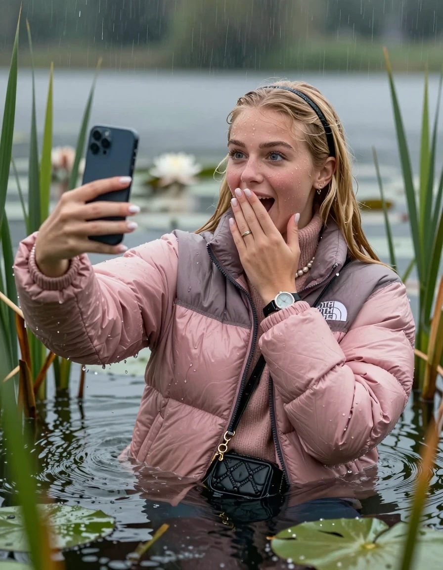 photo of young woman, in soaking wet, drenched clothes,
, , Light pink puffer down jacket from north face,  knit turtleneck sweater, handbag, pearl necklace, bracelet, earrings, wristwatch , Emerging after diving in a lake with water lilies and reeds, rain , 
enjoying, wet clothes stuck to body,
detailed textures of the wet clothes, wet face, wet plastered hair,
wet, drenched, professional, high-quality details, full body view.
sharp focus, ultra-high pixel detail, realistic, high-quality, full colors, incredibly detailed, 4k, 8k, 16k, hyper-realistic, RAW photo, masterpiece, ultra-detailed, professionally color graded, professional photograph, Blonde Sleek long straight hair, hairband

19 years old  teenage girl

open mouth, big eyes, hold a hand on her mouth and a smartphone in her other hand while sinking under water and take a selfie 

she is completely underwater up to her neck, satisfied and enthusiastic expression.

She hides in the reeds and is surprised by spectators

her submerged clothes are hardly vusible under water, she soaked her handbag into the water

close up view, wet skin, wet clothes, wet hair, damp fabric, water runs down the clothes, wet skin, wet clothes, damp fabric, wet skin, wet clothes, damp fabric, wet skin, wet clothes, damp fabric, wet skin, wet clothes, damp fabric, wet skin, wet clothes, damp fabric, wet skin, wet clothes, damp fabric, wet skin, wet clothes, damp fabric, wet skin, wet clothes, damp fabric, wet skin, wet clothes, damp fabric, wet skin, wet clothes, damp fabric, wet skin, wet clothes, damp fabric, wet skin, wet clothes, damp fabric, wet skin, wet clothes, damp fabric