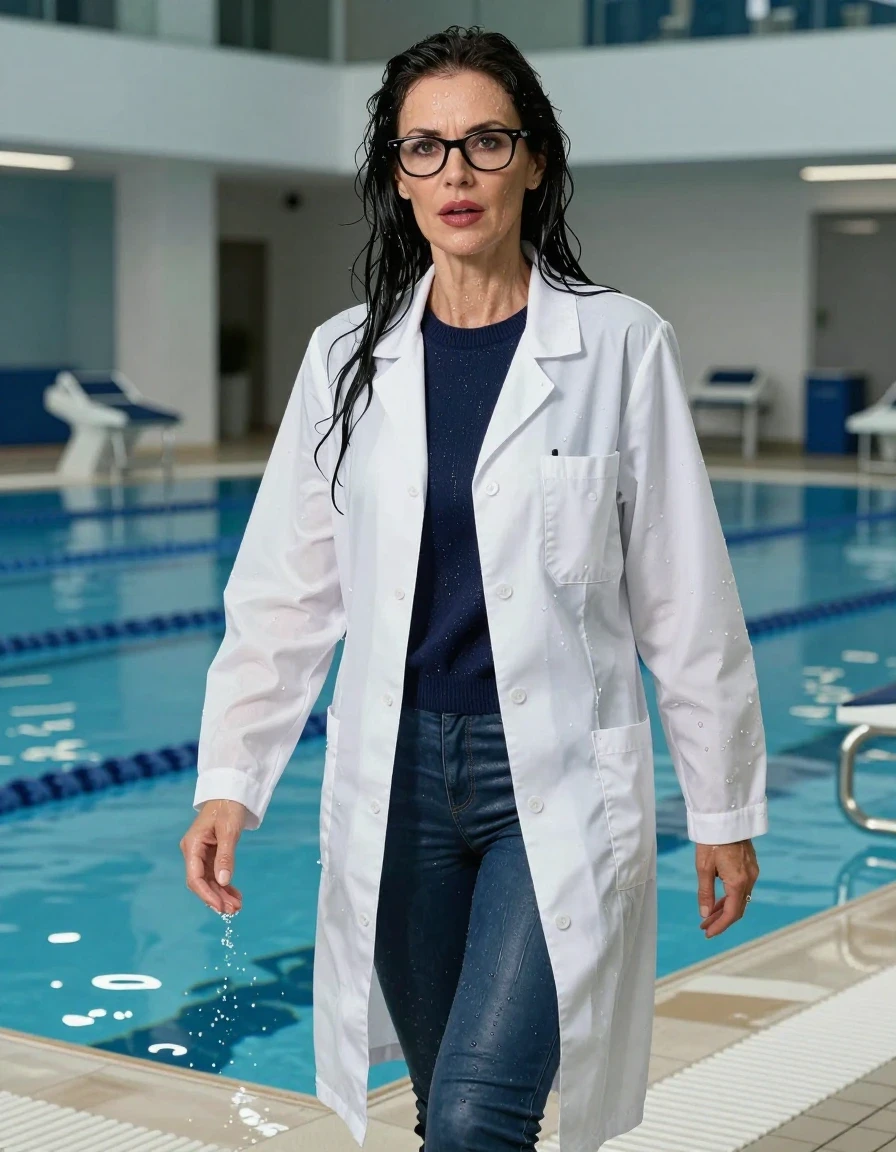 photo of young woman, in soaking wet, drenched clothes,
shoes, long blue leather jeans, dark blue sweater with neck, maxi white labcoat, indoor swimming pool, enjoying wet clothes stuck body, 
enjoying, wet clothes stuck to body,
detailed textures of the wet clothes, wet face, wet plastered hair,
wet, drenched, professional, high-quality details, full body view.
sharp focus, ultra-high pixel detail, realistic, high-quality, full colors, incredibly detailed, 4k, 8k, 16k, hyper-realistic, RAW photo, masterpiece, ultra-detailed, professionally color graded, professional photograph, europen brunette skinny woman 50 years old, long dark black hair, very big and thick lips,  office glasses, complete body, wet skin, wet clothes, damp fabric, wet skin, wet clothes, damp fabric, wet skin, wet clothes, damp fabric, wet skin, wet clothes, damp fabric, wet skin, wet clothes, damp fabric