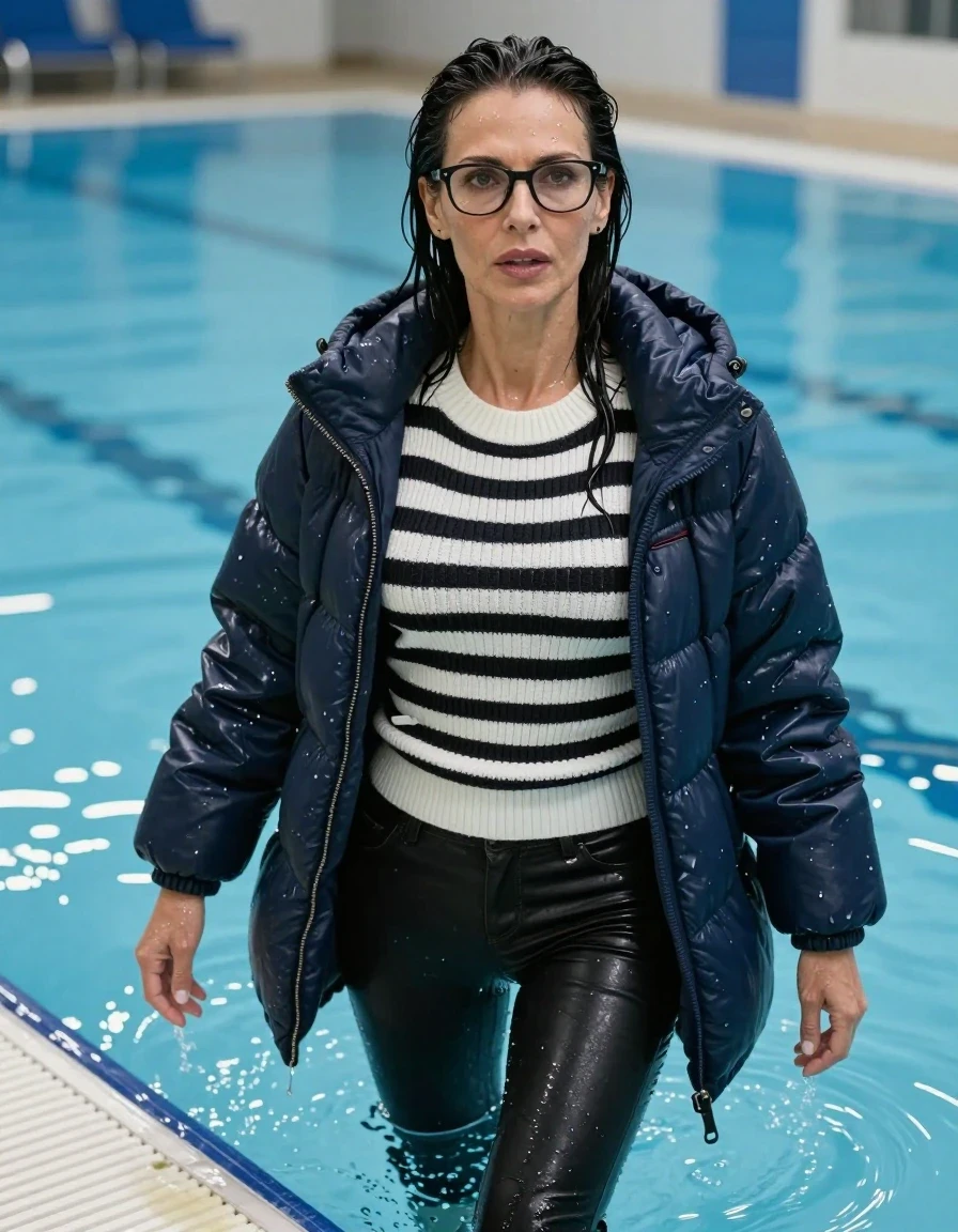 photo of young woman, in soaking wet, drenched clothes,
shoes, long black leather jeans, WHITE & BLACK STRIPED sweater DRESS with neck, maxi dark blue DOWN JACKET, swim under water, indoor swimming pool, enjoying wet clothes stuck body, 
enjoying, wet clothes stuck to body,
detailed textures of the wet clothes, wet face, wet plastered hair,
wet, drenched, professional, high-quality details, full body view.
sharp focus, ultra-high pixel detail, realistic, high-quality, full colors, incredibly detailed, 4k, 8k, 16k, hyper-realistic, RAW photo, masterpiece, ultra-detailed, professionally color graded, professional photograph, europen brunette skinny woman 50 years old, long dark black hair, very big and thick lips,  office glasses, complete body, wet skin, wet clothes, damp fabric, wet skin, wet clothes, damp fabric, wet skin, wet clothes, damp fabric, wet skin, wet clothes, damp fabric, wet skin, wet clothes, damp fabric