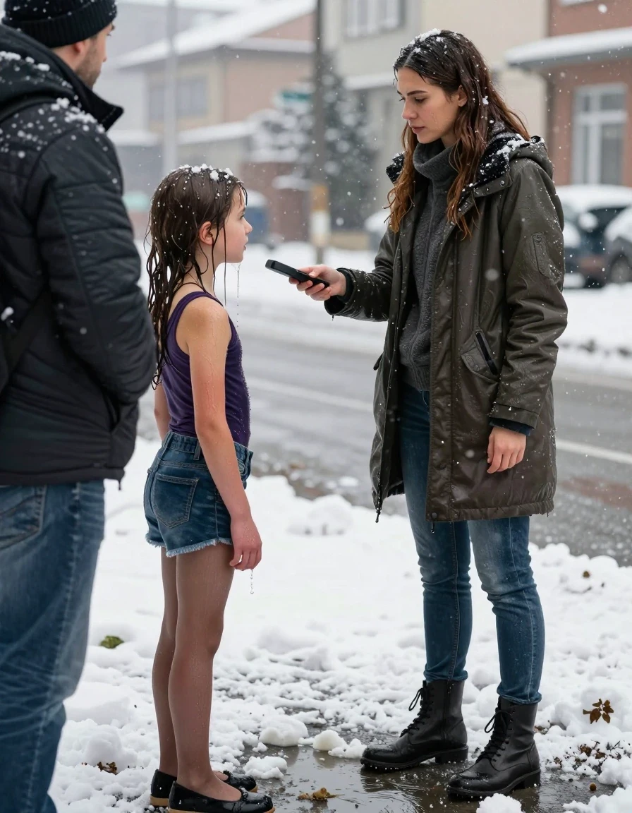 photo of young woman, in soaking wet, drenched clothes,
Boots, Long jeans, Winter coat, very slim Reporter Mother with daughter conducts interview in Public, A man interviews the girl, in very heavy Snowfall, very wet Hair, Water runs in streams from head to toe, , 
enjoying, wet clothes stuck to body,
detailed textures of the wet clothes, wet face, wet plastered hair,
wet, drenched, professional, high-quality details, full body view.
sharp focus, ultra-high pixel detail, realistic, high-quality, full colors, incredibly detailed, 4k, 8k, 16k, hyper-realistic, RAW photo, masterpiece, ultra-detailed, professionally color graded, professional photograph, There is a lot of snow on the road.  pile of snow.  . My daughter is also wearing black flats,  brown Pantyhose, Leotard, short jeans, wet skin, wet clothes, damp fabric, wet skin, wet clothes, damp fabric