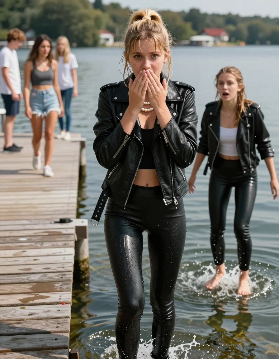 photo of young woman, in soaking wet, drenched clothes,
, Black leatherleggings , Black biker leatherjacket, crop top, Pearl necklace, Two Girls: 15-years-old teenage girl Climbing out of a sunny lake near a crowded Pier , her friend standing at the Pier looking shocked at her, 
enjoying, wet clothes stuck to body,
detailed textures of the wet clothes, wet face, wet plastered hair,
wet, drenched, professional, high-quality details, full body view.
sharp focus, ultra-high pixel detail, realistic, high-quality, full colors, incredibly detailed, 4k, 8k, 16k, hyper-realistic, RAW photo, masterpiece, ultra-detailed, professionally color graded, professional photograph, A realistic vertical fashion photograph of a 15-years-old teenage girl, positioned in the center of the frame. Blonde ponytail and bangs. Hold her hands on her mouth. Afraid and astonished, open mouth, big eyes. looking at camera., wet skin, wet clothes, damp fabric