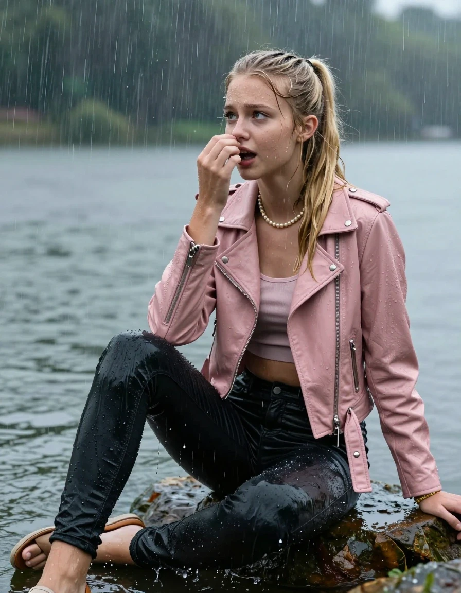 photo of young woman, in soaking wet, drenched clothes,
,  tight black skinny jeans, Light pink biker leatherjacket, crop top, Pearl necklace, bracelet, shoulderbag, fully soaked 15-years-old teenage girl and her friend sitting under heavy rain at a lake, enjoying wet clothes stuck body, 
enjoying, wet clothes stuck to body,
detailed textures of the wet clothes, wet face, wet plastered hair,
wet, drenched, professional, high-quality details, full body view.
sharp focus, ultra-high pixel detail, realistic, high-quality, full colors, incredibly detailed, 4k, 8k, 16k, hyper-realistic, RAW photo, masterpiece, ultra-detailed, professionally color graded, professional photograph, fully soaked 15-years-old young teenage girl. wet plastered blonde sleek long ponytail. afraid and astonished, open mouth, half closed eyes. holding one hand on her nose. looking slightly up. wet skin, wet clothes, water runs from her body and her clothes in streams. A lot of water also runs out of her clothes. Her clothes are darkened by the water. Her submerged clothes are clinging wet.  The girls wear different clothes., wet skin, wet clothes, damp fabric, wet skin, wet clothes, damp fabric, wet skin, wet clothes, damp fabric