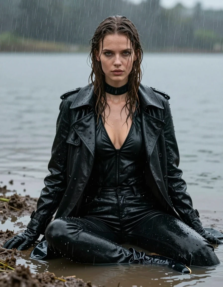 A photorealistic medium shot of a young adult European woman with long, dripping wet brown hair, sitting inside a shallow lake during a heavy rainstorm. She is wearing a black leather polar neck shirt, a black leather trench coat, black leather gloves, and black leather jeans. Her skin is glistening with water, and her black leather clothing is heavily saturated, showing deep sheen, water-slicked surfaces, and distinct heavy folds. The scene is chaotic and drenched, with the woman partially covered in dark streaks of mud from a nearby muddy field. The lighting is moody and overcast, emphasizing the glossy, wet textures of the leather and the heavy rainfall. The composition is cinematic, capturing the woman sitting in the water, drenched and cold, with high-detail textures on the mud-streaked skin and water-clinging fabric. No nudity, clean anatomy, realistic proportions, high-fidelity skin and fabric textures.