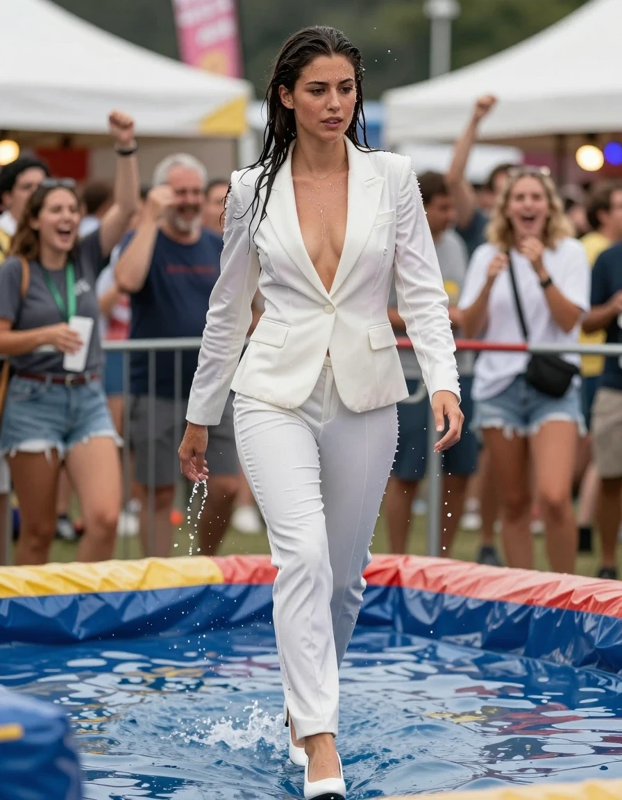 photo of young woman, in soaking wet, drenched clothes,
white silettos, white trousers, white elegant jacket. Same fabric as trousers, at a festival location, 
enjoying, wet clothes stuck to body,
detailed textures of the wet clothes, wet face, wet plastered hair,
wet, drenched, professional, high-quality details, full body view.
sharp focus, ultra-high pixel detail, realistic, high-quality, full colors, incredibly detailed, 4k, 8k, 16k, hyper-realistic, RAW photo, masterpiece, ultra-detailed, professionally color graded, professional photograph, A dark-haired woman is at a festival location. She walks to a splash dunker. Spectators are cheering her and she enjoys the cheers. She has high cheekbones. She is dry, her clothes are dry and her hair is dry., wet skin, wet clothes, damp fabric