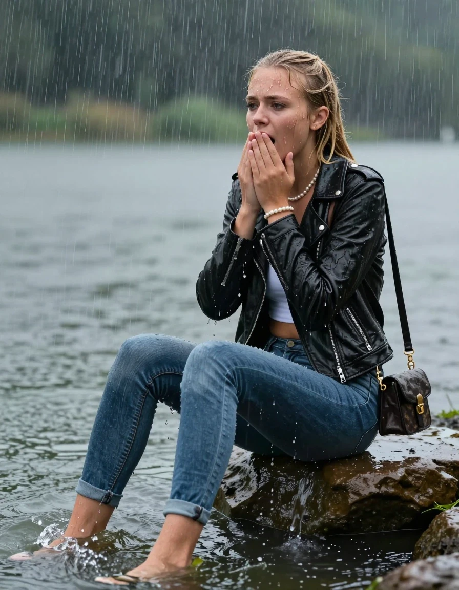 photo of young woman, in soaking wet, drenched clothes,
Pumps,  tight skinny jeans, biker leatherjacket, crop top, Pearl necklace, bracelet, shoulderbag, fully soaked 15-years-old teenage girl and her friend sitting under heavy rain submerged in a lake, enjoying wet clothes stuck body, 
enjoying, wet clothes stuck to body,
detailed textures of the wet clothes, wet face, wet plastered hair,
wet, drenched, professional, high-quality details, full body view.
sharp focus, ultra-high pixel detail, realistic, high-quality, full colors, incredibly detailed, 4k, 8k, 16k, hyper-realistic, RAW photo, masterpiece, ultra-detailed, professionally color graded, professional photograph, fully soaked 15-years-old young teenage girl. wet plastered blonde sleek long ponytail. afraid and astonished, open mouth, half closed eyes. holding her hands on her mouth. looking slightly up. wet skin, wet clothes, water runs from her body and her clothes in streams. A lot of water also runs out of her clothes. Her clothes are darkened by the water. Her submerged clothes are clinging wet.  The girls wear different clothes., wet skin, wet clothes, damp fabric, wet skin, wet clothes, damp fabric, wet skin, wet clothes, damp fabric
