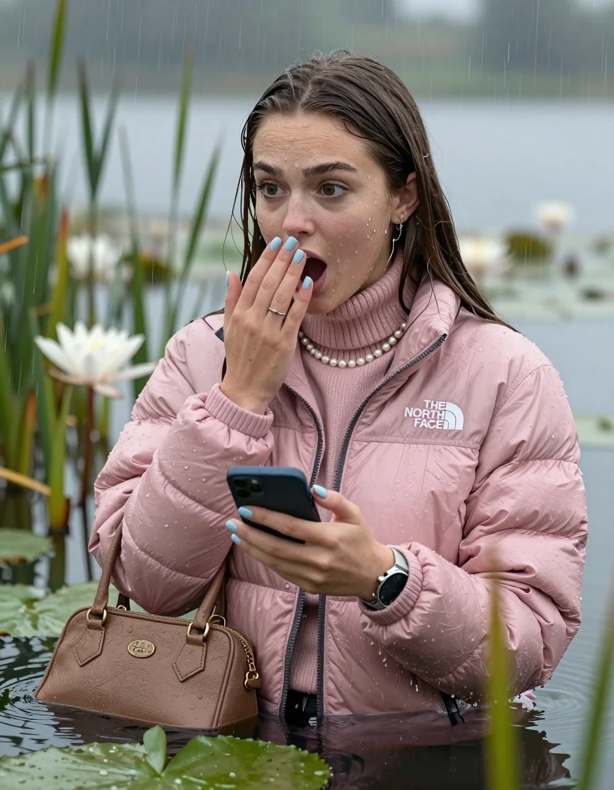 photo of young woman, in soaking wet, drenched clothes,
, , Light pink puffer down jacket from north face,  knit turtleneck sweater, handbag, pearl necklace, bracelet, wristwatch , light blue nails, Emerging after diving in a lake with water lilies and reeds, rain , 
enjoying, wet clothes stuck to body,
detailed textures of the wet clothes, wet face, wet plastered hair,
wet, drenched, professional, high-quality details, full body view.
sharp focus, ultra-high pixel detail, realistic, high-quality, full colors, incredibly detailed, 4k, 8k, 16k, hyper-realistic, RAW photo, masterpiece, ultra-detailed, professionally color graded, professional photograph, Brunette Sleek long straight hair

19 years old  teenage girl

open mouth, big eyes, hold one hand over her mouth and in the other hand her smartphone. Looking to the side.

she is completely underwater up to her neck, afraid and astonished expression.

She hides in the reeds and is surprised by spectators

her submerged clothes are hardly vusible under water, she soaked her handbag into the water

close up view, wet skin, wet clothes, wet hair, damp fabric, water runs down the clothes, wet skin, wet clothes, damp fabric, wet skin, wet clothes, damp fabric, wet skin, wet clothes, damp fabric, wet skin, wet clothes, damp fabric, wet skin, wet clothes, damp fabric, wet skin, wet clothes, damp fabric, wet skin, wet clothes, damp fabric, wet skin, wet clothes, damp fabric, wet skin, wet clothes, damp fabric, wet skin, wet clothes, damp fabric, wet skin, wet clothes, damp fabric, wet skin, wet clothes, damp fabric, wet skin, wet clothes, damp fabric, wet skin, wet clothes, damp fabric, wet skin, wet clothes, damp fabric