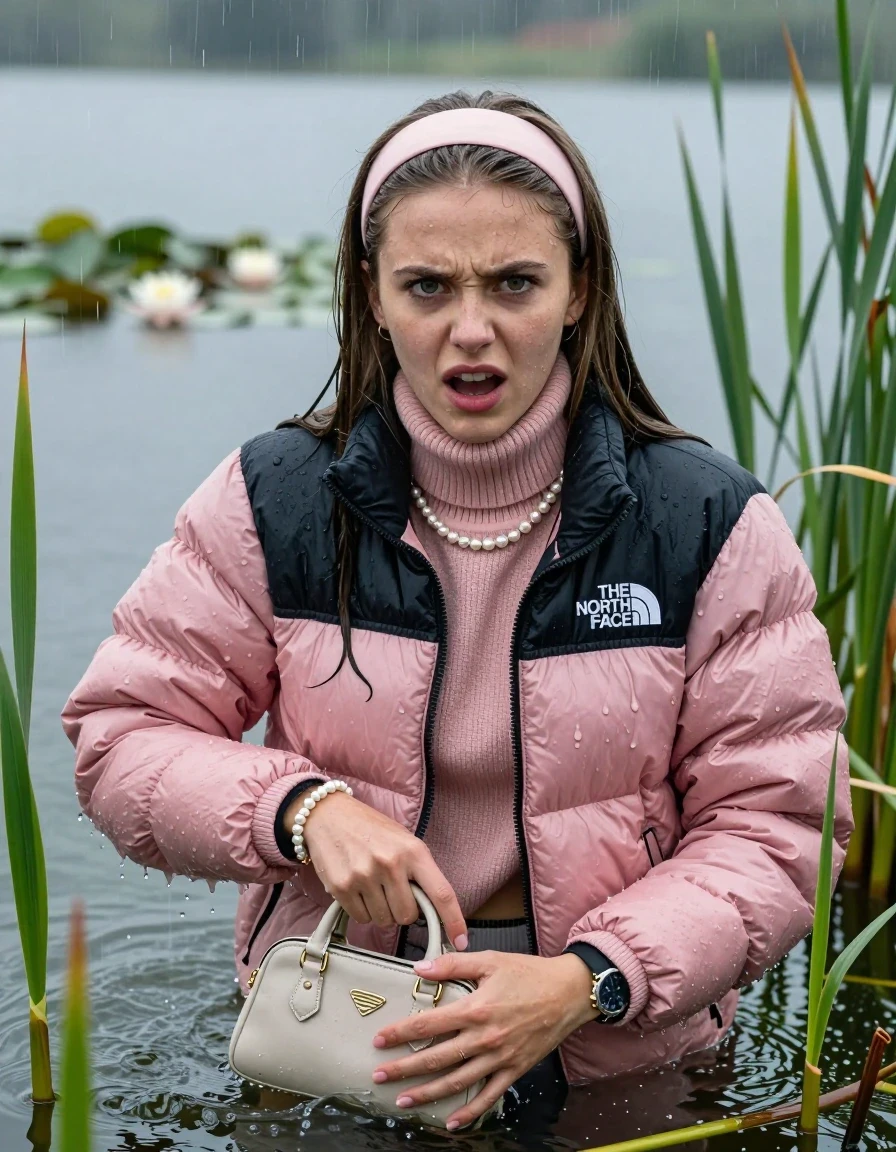 photo of young woman, in soaking wet, drenched clothes,
, , Light pink puffer down jacket from north face,  knit turtleneck sweater, handbag, pearl necklace, bracelet, wristwatch , Emerging after diving in a lake with water lilies and reeds, rain , 
enjoying, wet clothes stuck to body,
detailed textures of the wet clothes, wet face, wet plastered hair,
wet, drenched, professional, high-quality details, full body view.
sharp focus, ultra-high pixel detail, realistic, high-quality, full colors, incredibly detailed, 4k, 8k, 16k, hyper-realistic, RAW photo, masterpiece, ultra-detailed, professionally color graded, professional photograph, Sleek long straight hair, hairband

19 years old  teenage girl

Show the stink Finger, open mouth, big eyes

she is completely underwater up to her neck, angry and annoyed expression.

She hides in the reeds and is surprised by spectators

her submerged clothes are hardly vusible under water, she soaked her handbag into the water

close up view, wet skin, wet clothes, wet hair, damp fabric, water runs down the clothes, wet skin, wet clothes, damp fabric, wet skin, wet clothes, damp fabric, wet skin, wet clothes, damp fabric, wet skin, wet clothes, damp fabric, wet skin, wet clothes, damp fabric, wet skin, wet clothes, damp fabric, wet skin, wet clothes, damp fabric, wet skin, wet clothes, damp fabric, wet skin, wet clothes, damp fabric, wet skin, wet clothes, damp fabric, wet skin, wet clothes, damp fabric, wet skin, wet clothes, damp fabric