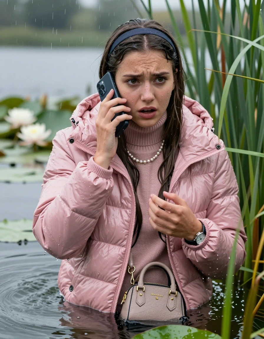 photo of young woman, in soaking wet, drenched clothes,
, , Light pink shiny puffer down jacket from monclare,  knit turtleneck sweater, handbag, pearl necklace, bracelet, wristwatch , Emerging after diving in a lake with water lilies and reeds, rain , 
enjoying, wet clothes stuck to body,
detailed textures of the wet clothes, wet face, wet plastered hair,
wet, drenched, professional, high-quality details, full body view.
sharp focus, ultra-high pixel detail, realistic, high-quality, full colors, incredibly detailed, 4k, 8k, 16k, hyper-realistic, RAW photo, masterpiece, ultra-detailed, professionally color graded, professional photograph, Sleek long straight hair, hairband

19 years old  teenage girl

open mouth, big eyes, try to call her friend with her smartphone

she is completely underwater up to her neck, frustrated and sad expression.

She hides in the reeds and is surprised by spectators

her submerged clothes are hardly vusible under water, she soaked her handbag into the water

close up view, wet skin, wet clothes, wet hair, damp fabric, water runs down the clothes, wet skin, wet clothes, damp fabric, wet skin, wet clothes, damp fabric, wet skin, wet clothes, damp fabric, wet skin, wet clothes, damp fabric, wet skin, wet clothes, damp fabric, wet skin, wet clothes, damp fabric, wet skin, wet clothes, damp fabric, wet skin, wet clothes, damp fabric, wet skin, wet clothes, damp fabric, wet skin, wet clothes, damp fabric, wet skin, wet clothes, damp fabric, wet skin, wet clothes, damp fabric, wet skin, wet clothes, damp fabric
