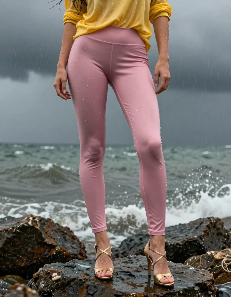photo of young woman, in soaking wet, drenched clothes,
Strappy gold stilettos , Pink leggings , Yellow blouse , Standing on rocks, 
enjoying, wet clothes stuck to body,
detailed textures of the wet clothes, wet face, wet plastered hair,
wet, drenched, professional, high-quality details, full body view.
sharp focus, ultra-high pixel detail, realistic, high-quality, full colors, incredibly detailed, 4k, 8k, 16k, hyper-realistic, RAW photo, masterpiece, ultra-detailed, professionally color graded, professional photograph, Storm, wet skin, wet clothes, damp fabric, wet skin, wet clothes, damp fabric