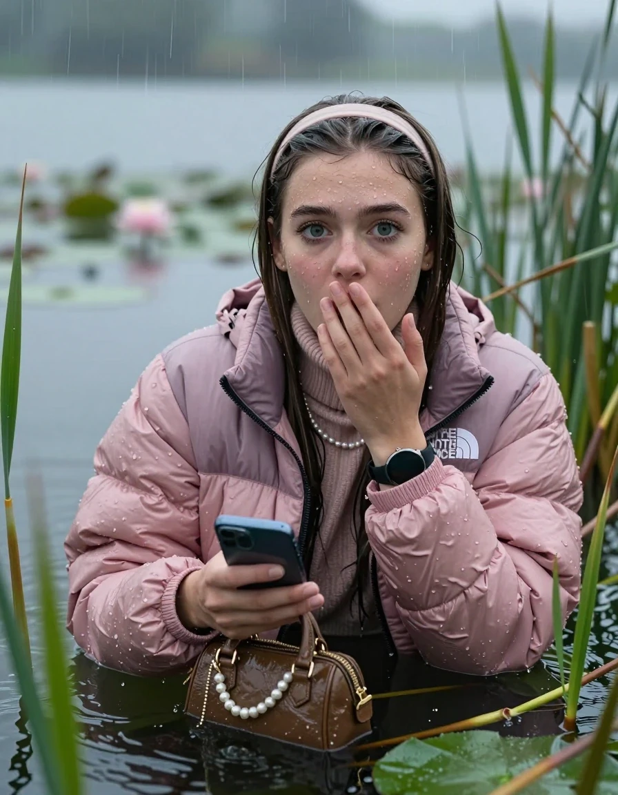 photo of young woman, in soaking wet, drenched clothes,
, , Light pink puffer down jacket from north face,  knit turtleneck sweater, handbag, pearl necklace, bracelet, wristwatch , Emerging after diving in a lake with water lilies and reeds, rain , 
enjoying, wet clothes stuck to body,
detailed textures of the wet clothes, wet face, wet plastered hair,
wet, drenched, professional, high-quality details, full body view.
sharp focus, ultra-high pixel detail, realistic, high-quality, full colors, incredibly detailed, 4k, 8k, 16k, hyper-realistic, RAW photo, masterpiece, ultra-detailed, professionally color graded, professional photograph, Sleek long straight hair with hairband

19 years old  teenage girl

open mouth, big eyes, cover her mouth with a hand and in the other hand her smartphone. Laying her breast on the surface.  Looking at camera.

she is completely underwater up to her neck, afraid and astonished expression.

She hides in the reeds and is surprised by spectators

her submerged clothes are hardly vusible under water, she soaked her handbag into the water

close up view, wet skin, wet clothes, wet hair, damp fabric, water runs down the clothes, wet skin, wet clothes, damp fabric, wet skin, wet clothes, damp fabric, wet skin, wet clothes, damp fabric, wet skin, wet clothes, damp fabric, wet skin, wet clothes, damp fabric, wet skin, wet clothes, damp fabric, wet skin, wet clothes, damp fabric, wet skin, wet clothes, damp fabric, wet skin, wet clothes, damp fabric, wet skin, wet clothes, damp fabric, wet skin, wet clothes, damp fabric, wet skin, wet clothes, damp fabric, wet skin, wet clothes, damp fabric, wet skin, wet clothes, damp fabric, wet skin, wet clothes, damp fabric, wet skin, wet clothes, damp fabric