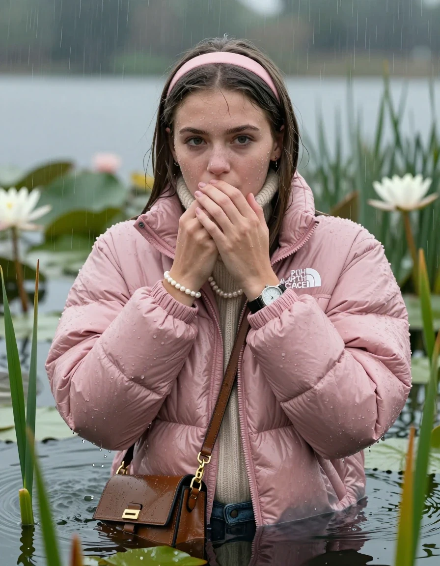photo of young woman, in soaking wet, drenched clothes,
, , Light pink puffer down jacket from north face,  knit turtleneck sweater, handbag, pearl necklace, bracelet, wristwatch , knitted scarf, Emerging after diving in a lake with water lilies and reeds, rain , 
enjoying, wet clothes stuck to body,
detailed textures of the wet clothes, wet face, wet plastered hair,
wet, drenched, professional, high-quality details, full body view.
sharp focus, ultra-high pixel detail, realistic, high-quality, full colors, incredibly detailed, 4k, 8k, 16k, hyper-realistic, RAW photo, masterpiece, ultra-detailed, professionally color graded, professional photograph, Sleek long straight hair, hairband

19 years old  teenage girl

she is completely underwater up to her neck, careful and shy expression. Looking at camera. Hold a hand over her mouth.

She hides in the reeds and is surprised by spectators

her submerged clothes are hardly vusible under water, she soaked her handbag into the water

close up view, wet skin, wet clothes, wet hair, damp fabric, water runs down the clothes, wet skin, wet clothes, damp fabric, wet skin, wet clothes, damp fabric, wet skin, wet clothes, damp fabric, wet skin, wet clothes, damp fabric, wet skin, wet clothes, damp fabric, wet skin, wet clothes, damp fabric, wet skin, wet clothes, damp fabric, wet skin, wet clothes, damp fabric, wet skin, wet clothes, damp fabric, wet skin, wet clothes, damp fabric, wet skin, wet clothes, damp fabric, wet skin, wet clothes, damp fabric, wet skin, wet clothes, damp fabric, wet skin, wet clothes, damp fabric