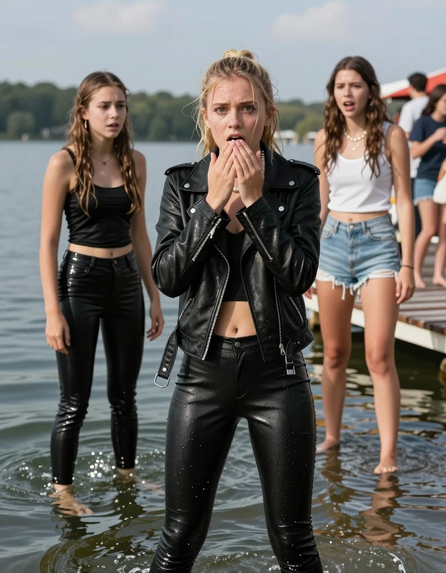 photo of young woman, in soaking wet, drenched clothes,
, Black leatherleggings , Black biker leatherjacket, crop top, Pearl necklace, Two Girls: 15-years-old teenage girl submerged in a sunny lake near a crowded Pier , her friend standing at the Pier looking shocked at her, 
enjoying, wet clothes stuck to body,
detailed textures of the wet clothes, wet face, wet plastered hair,
wet, drenched, professional, high-quality details, full body view.
sharp focus, ultra-high pixel detail, realistic, high-quality, full colors, incredibly detailed, 4k, 8k, 16k, hyper-realistic, RAW photo, masterpiece, ultra-detailed, professionally color graded, professional photograph, A realistic vertical fashion photograph of a 15-years-old teenage girl, positioned in the center of the frame. Blonde ponytail and bangs. Hold her hands on her mouth. Afraid and astonished, open mouth, big eyes. looking at camera., wet skin, wet clothes, damp fabric