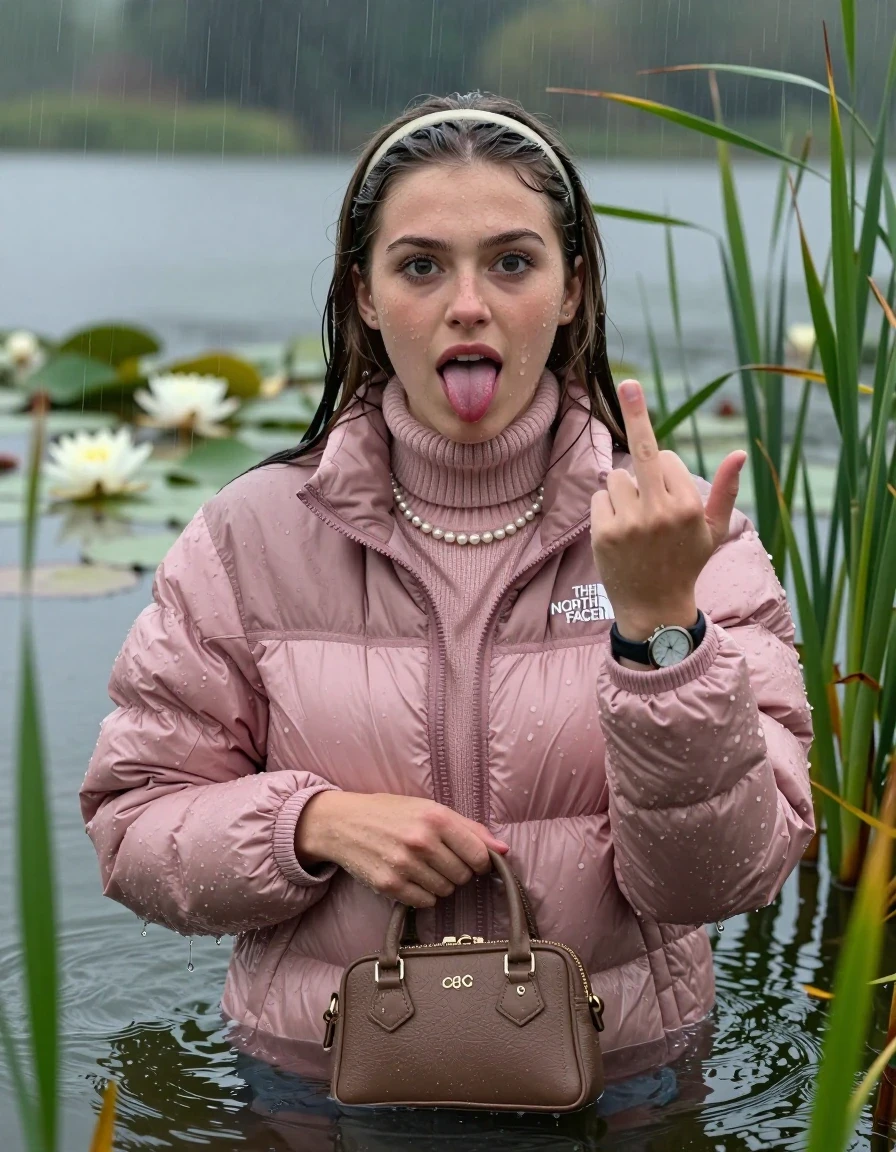 photo of young woman, in soaking wet, drenched clothes,
, , Light pink puffer down jacket from north face,  knit turtleneck sweater, handbag, pearl necklace, bracelet, wristwatch , Emerging after diving in a lake with water lilies and reeds, rain , 
enjoying, wet clothes stuck to body,
detailed textures of the wet clothes, wet face, wet plastered hair,
wet, drenched, professional, high-quality details, full body view.
sharp focus, ultra-high pixel detail, realistic, high-quality, full colors, incredibly detailed, 4k, 8k, 16k, hyper-realistic, RAW photo, masterpiece, ultra-detailed, professionally color graded, professional photograph, Sleek long straight hair, hairband

19 years old  teenage girl

Stick out her tongue, Show the stink Finger, open mouth, big eyes

she is completely underwater up to her neck, afraid  and astonished expression.

She hides in the reeds and is surprised by spectators

her submerged clothes are hardly vusible under water, she soaked her handbag into the water

close up view, wet skin, wet clothes, wet hair, damp fabric, water runs down the clothes, wet skin, wet clothes, damp fabric, wet skin, wet clothes, damp fabric, wet skin, wet clothes, damp fabric, wet skin, wet clothes, damp fabric, wet skin, wet clothes, damp fabric, wet skin, wet clothes, damp fabric, wet skin, wet clothes, damp fabric, wet skin, wet clothes, damp fabric, wet skin, wet clothes, damp fabric, wet skin, wet clothes, damp fabric, wet skin, wet clothes, damp fabric, wet skin, wet clothes, damp fabric
