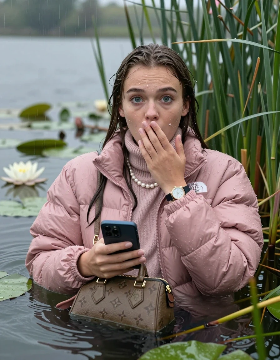 photo of young woman, in soaking wet, drenched clothes,
, , Light pink puffer down jacket from north face,  knit turtleneck sweater, handbag, pearl necklace, bracelet, wristwatch , Emerging after diving in a lake with water lilies and reeds, rain , 
enjoying, wet clothes stuck to body,
detailed textures of the wet clothes, wet face, wet plastered hair,
wet, drenched, professional, high-quality details, full body view.
sharp focus, ultra-high pixel detail, realistic, high-quality, full colors, incredibly detailed, 4k, 8k, 16k, hyper-realistic, RAW photo, masterpiece, ultra-detailed, professionally color graded, professional photograph, Brunette Sleek long straight hair

19 years old  teenage girl

open mouth, big eyes, cover her mouth with a hand and in the other hand her smartphone. Laying her breast on the surface.  Looking at camera.

she is completely underwater up to her neck, afraid and astonished expression.

She hides in the reeds and is surprised by spectators

her submerged clothes are hardly vusible under water, she soaked her handbag into the water

close up view, wet skin, wet clothes, wet hair, damp fabric, water runs down the clothes, wet skin, wet clothes, damp fabric, wet skin, wet clothes, damp fabric, wet skin, wet clothes, damp fabric, wet skin, wet clothes, damp fabric, wet skin, wet clothes, damp fabric, wet skin, wet clothes, damp fabric, wet skin, wet clothes, damp fabric, wet skin, wet clothes, damp fabric, wet skin, wet clothes, damp fabric, wet skin, wet clothes, damp fabric, wet skin, wet clothes, damp fabric, wet skin, wet clothes, damp fabric, wet skin, wet clothes, damp fabric, wet skin, wet clothes, damp fabric, wet skin, wet clothes, damp fabric, wet skin, wet clothes, damp fabric