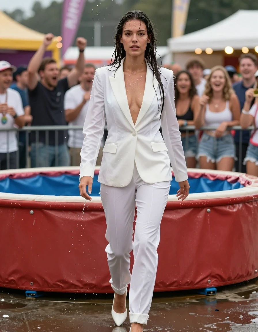 photo of young woman, in soaking wet, drenched clothes,
white silettos, white trousers, white elegant jacket. Same fabric as trousers, at a festival location, 
enjoying, wet clothes stuck to body,
detailed textures of the wet clothes, wet face, wet plastered hair,
wet, drenched, professional, high-quality details, full body view.
sharp focus, ultra-high pixel detail, realistic, high-quality, full colors, incredibly detailed, 4k, 8k, 16k, hyper-realistic, RAW photo, masterpiece, ultra-detailed, professionally color graded, professional photograph, A dark-haired woman is at a festival location. She walks towards a dunk tank. Spectators are cheering her and she enjoys the cheers. She has high cheekbones. She is dry, her clothes are dry and her hair is dry., wet skin, wet clothes, damp fabric