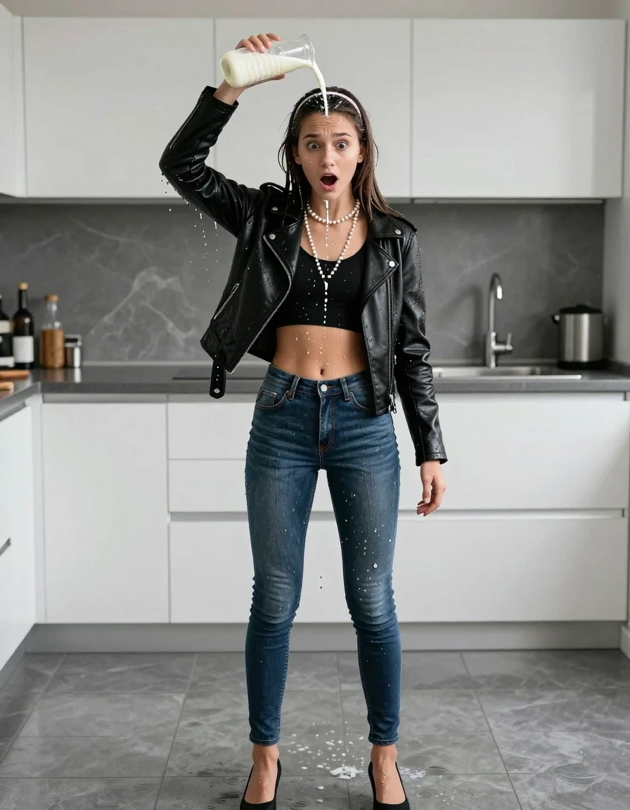 photo of young woman, in soaking wet, drenched clothes,
pumps, soaking wet tight skinny jeans, Black biker leatherjacket, crop top, Pearl necklace, pouring milk over her head in kitchen, 
enjoying, wet clothes stuck to body,
detailed textures of the wet clothes, wet face, wet plastered hair,
wet, drenched, professional, high-quality details, full body view.
sharp focus, ultra-high pixel detail, realistic, high-quality, full colors, incredibly detailed, 4k, 8k, 16k, hyper-realistic, RAW photo, masterpiece, ultra-detailed, professionally color graded, professional photograph, A realistic vertical fashion photograph of a 15-years-old young teenage girl. sleek long straight hair with hairband. Afraid and astonished, open mouth, big eyes. looking at camera., wet skin, wet clothes, damp fabric, wet skin, wet clothes, damp fabric