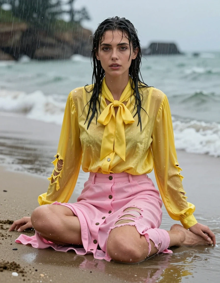 photo of young woman, in soaking wet, drenched clothes,
barefoot, ripped buttoned down pink long skirt, ripped oversized long sleeved yellow silk blouse with bowtie, venice beach, 
enjoying, wet clothes stuck to body,
detailed textures of the wet clothes, wet face, wet plastered hair,
wet, drenched, professional, high-quality details, full body view.
sharp focus, ultra-high pixel detail, realistic, high-quality, full colors, incredibly detailed, 4k, 8k, 16k, hyper-realistic, RAW photo, masterpiece, ultra-detailed, professionally color graded, professional photograph, sitting in the wet sand during heavy rain depressed, wet skin, wet clothes, damp fabric