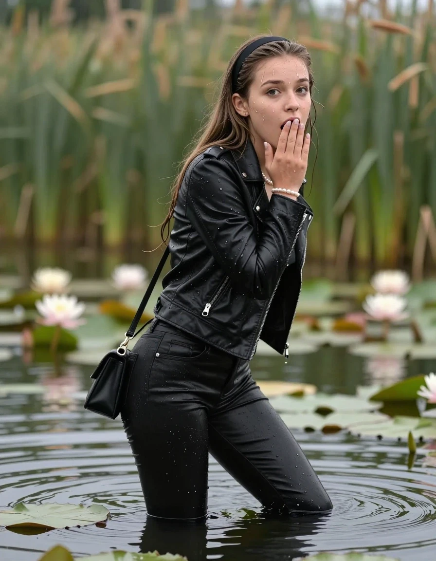 photo of young woman, in soaking wet, drenched clothes,
,  tight black skinny jeans, Black biker leatherjacket, crop top, Pearl necklace, bracelet, shoulderbag, looking from back to camera submerged in lake with water lilies and reeds, 
enjoying, wet clothes stuck to body,
detailed textures of the wet clothes, wet face, wet plastered hair,
wet, drenched, professional, high-quality details, full body view.
sharp focus, ultra-high pixel detail, realistic, high-quality, full colors, incredibly detailed, 4k, 8k, 16k, hyper-realistic, RAW photo, masterpiece, ultra-detailed, professionally color graded, professional photograph, A realistic vertical fashion photograph of a 15-years-old young teenage girl. afraid and astonished, open mouth, big eyes. holding her hand over her mouth. sleek long straight hair with hairband. looking at camera., wet skin, wet clothes, damp fabric, wet skin, wet clothes, damp fabric