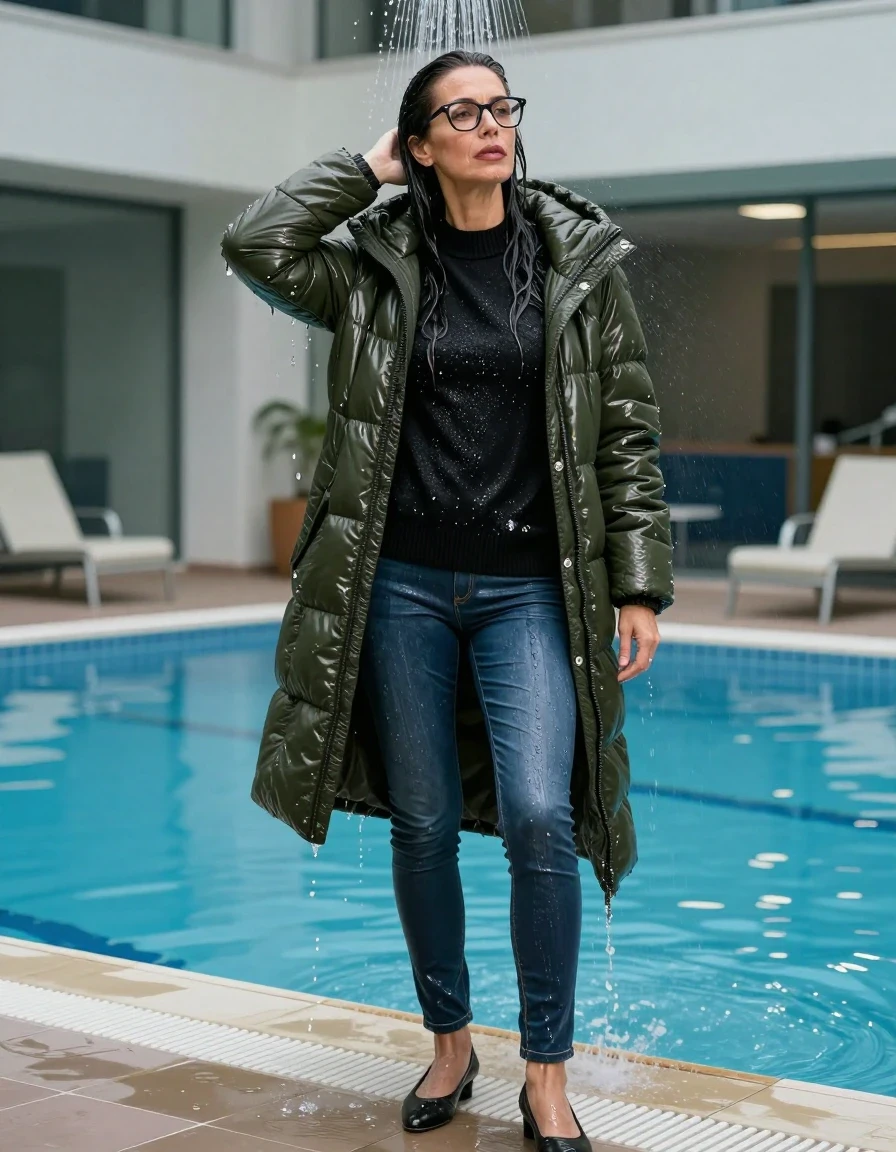 photo of young woman, in soaking wet, drenched clothes,
shoes, long blue leather jeans, BLACK sweater DRESS with neck, maxi dark green DOWN JACKET, TAKING SHOWER, indoor swimming pool, enjoying wet clothes stuck body, 
enjoying, wet clothes stuck to body,
detailed textures of the wet clothes, wet face, wet plastered hair,
wet, drenched, professional, high-quality details, full body view.
sharp focus, ultra-high pixel detail, realistic, high-quality, full colors, incredibly detailed, 4k, 8k, 16k, hyper-realistic, RAW photo, masterpiece, ultra-detailed, professionally color graded, professional photograph, europen brunette skinny woman 50 years old, long dark black hair, very big and thick lips,  office glasses, complete body, wet skin, wet clothes, damp fabric, wet skin, wet clothes, damp fabric, wet skin, wet clothes, damp fabric, wet skin, wet clothes, damp fabric, wet skin, wet clothes, damp fabric