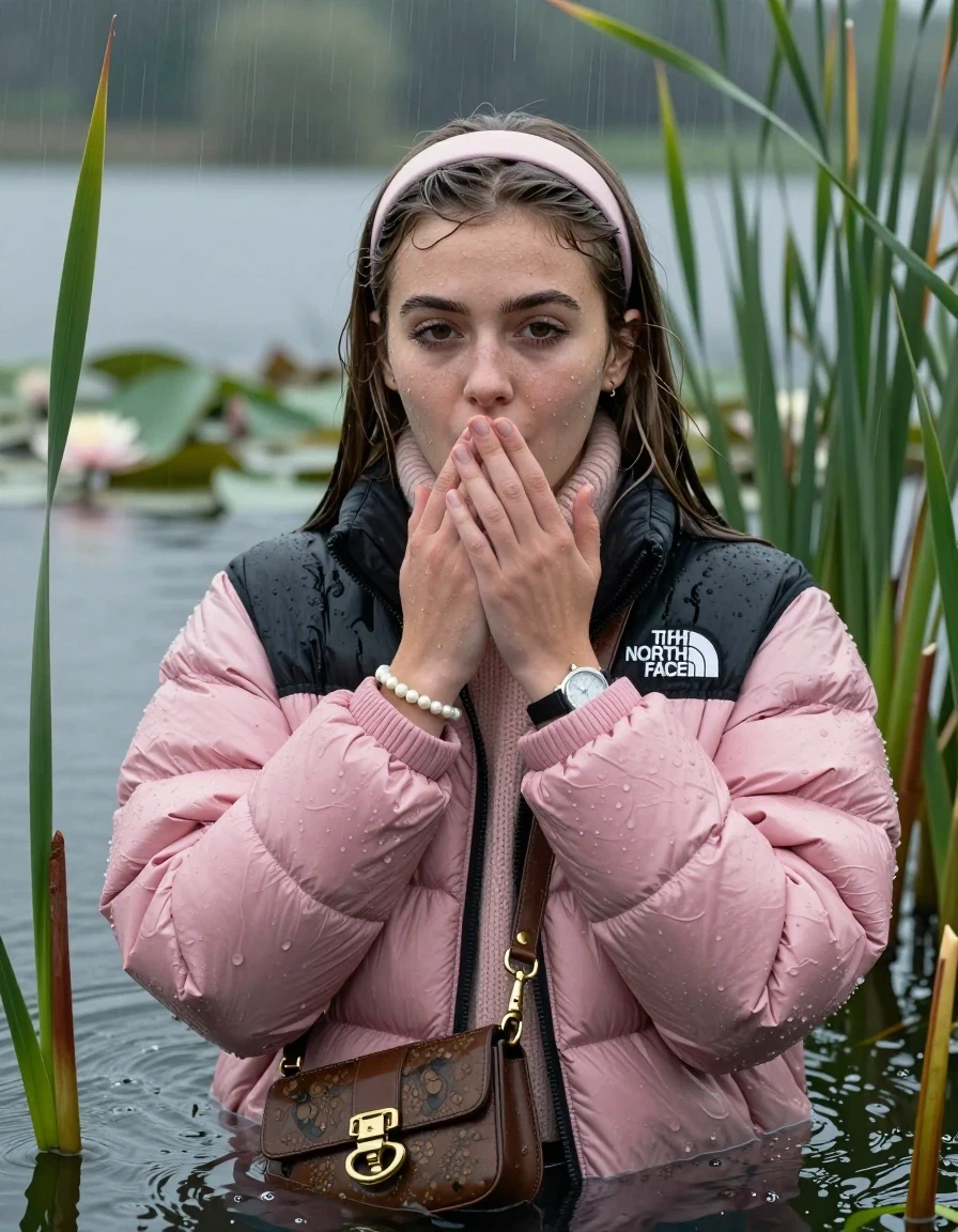 photo of young woman, in soaking wet, drenched clothes,
, , Light pink puffer down jacket from north face,  knit turtleneck sweater, handbag, pearl necklace, bracelet, wristwatch , knitted scarf, Emerging after diving in a lake with water lilies and reeds, rain , 
enjoying, wet clothes stuck to body,
detailed textures of the wet clothes, wet face, wet plastered hair,
wet, drenched, professional, high-quality details, full body view.
sharp focus, ultra-high pixel detail, realistic, high-quality, full colors, incredibly detailed, 4k, 8k, 16k, hyper-realistic, RAW photo, masterpiece, ultra-detailed, professionally color graded, professional photograph, Sleek long straight hair, hairband

19 years old  teenage girl

she is completely underwater up to her shoulders, careful and shy expression. Looking at camera. Hold a hand over her mouth. Open mouth, half closed eyes.

She hides in the reeds and is surprised by spectators

her submerged clothes are hardly vusible under water, she soaked her handbag into the water

close up view, wet skin, wet clothes, wet hair, damp fabric, water runs down the clothes, wet skin, wet clothes, damp fabric, wet skin, wet clothes, damp fabric, wet skin, wet clothes, damp fabric, wet skin, wet clothes, damp fabric, wet skin, wet clothes, damp fabric, wet skin, wet clothes, damp fabric, wet skin, wet clothes, damp fabric, wet skin, wet clothes, damp fabric, wet skin, wet clothes, damp fabric, wet skin, wet clothes, damp fabric, wet skin, wet clothes, damp fabric, wet skin, wet clothes, damp fabric, wet skin, wet clothes, damp fabric, wet skin, wet clothes, damp fabric