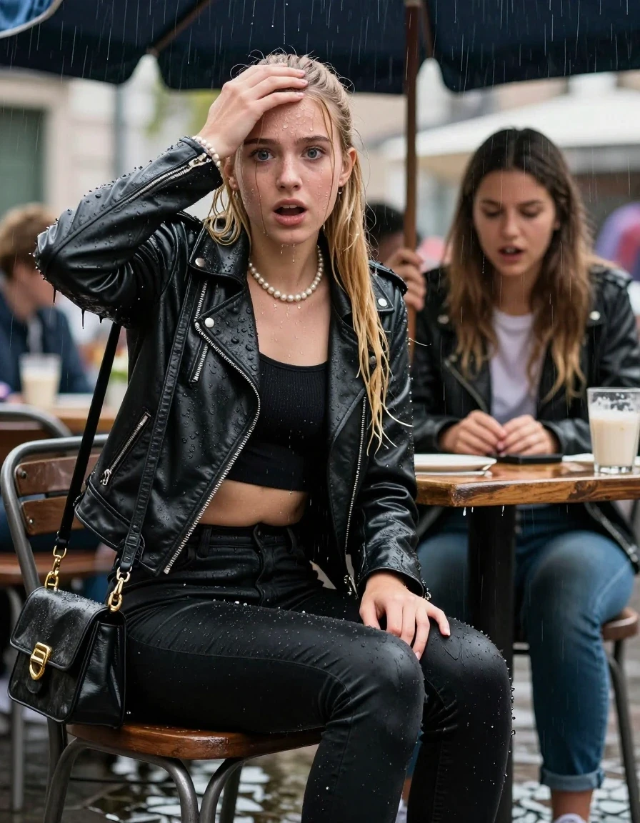 photo of young woman, in soaking wet, drenched clothes,
,  tight black skinny jeans, Black biker leatherjacket, crop top, Pearl necklace, bracelet, shoulderbag, 15-years-old teenage girl and her friend sitting under heavy rain at outdoor restaurant, enjoying wet clothes stuck body, 
enjoying, wet clothes stuck to body,
detailed textures of the wet clothes, wet face, wet plastered hair,
wet, drenched, professional, high-quality details, full body view.
sharp focus, ultra-high pixel detail, realistic, high-quality, full colors, incredibly detailed, 4k, 8k, 16k, hyper-realistic, RAW photo, masterpiece, ultra-detailed, professionally color graded, professional photograph, 15-years-old young teenage girl. blonde sleek long ponytail. afraid and astonished, open mouth, big eyes. holding her hand over her head. wet skin, wet clothes, water runs from her body and her clothes in streams. A lot of water also runs out of her clothes. Her clothes are darkened by the water. Her submerged clothes are clinging wet.  The girls wear different clothes., wet skin, wet clothes, damp fabric