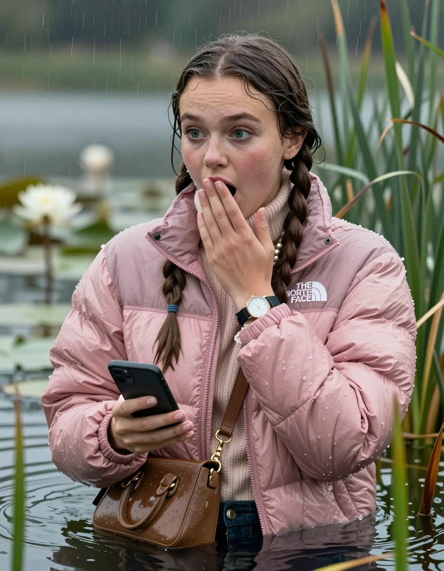 photo of young woman, in soaking wet, drenched clothes,
, , Light pink puffer down jacket from north face,  knit turtleneck sweater, handbag, pearl necklace, bracelet, wristwatch, smal glasses, Emerging after diving in a lake with water lilies and reeds, rain , 
enjoying, wet clothes stuck to body,
detailed textures of the wet clothes, wet face, wet plastered hair,
wet, drenched, professional, high-quality details, full body view.
sharp focus, ultra-high pixel detail, realistic, high-quality, full colors, incredibly detailed, 4k, 8k, 16k, hyper-realistic, RAW photo, masterpiece, ultra-detailed, professionally color graded, professional photograph, Two sleek long braids, hairband

19 years old  teenage girl

open mouth, big eyes, hold one hand over her mouth and in the other hand her smartphone. Looking to the side.

she is completely underwater up to her neck, afraid and astonished expression.

She hides in the reeds and is surprised by spectators

her submerged clothes are hardly vusible under water, she soaked her handbag into the water

close up view, wet skin, wet clothes, wet hair, damp fabric, water runs down the clothes, wet skin, wet clothes, damp fabric, wet skin, wet clothes, damp fabric, wet skin, wet clothes, damp fabric, wet skin, wet clothes, damp fabric, wet skin, wet clothes, damp fabric, wet skin, wet clothes, damp fabric, wet skin, wet clothes, damp fabric, wet skin, wet clothes, damp fabric, wet skin, wet clothes, damp fabric, wet skin, wet clothes, damp fabric, wet skin, wet clothes, damp fabric, wet skin, wet clothes, damp fabric, wet skin, wet clothes, damp fabric, wet skin, wet clothes, damp fabric