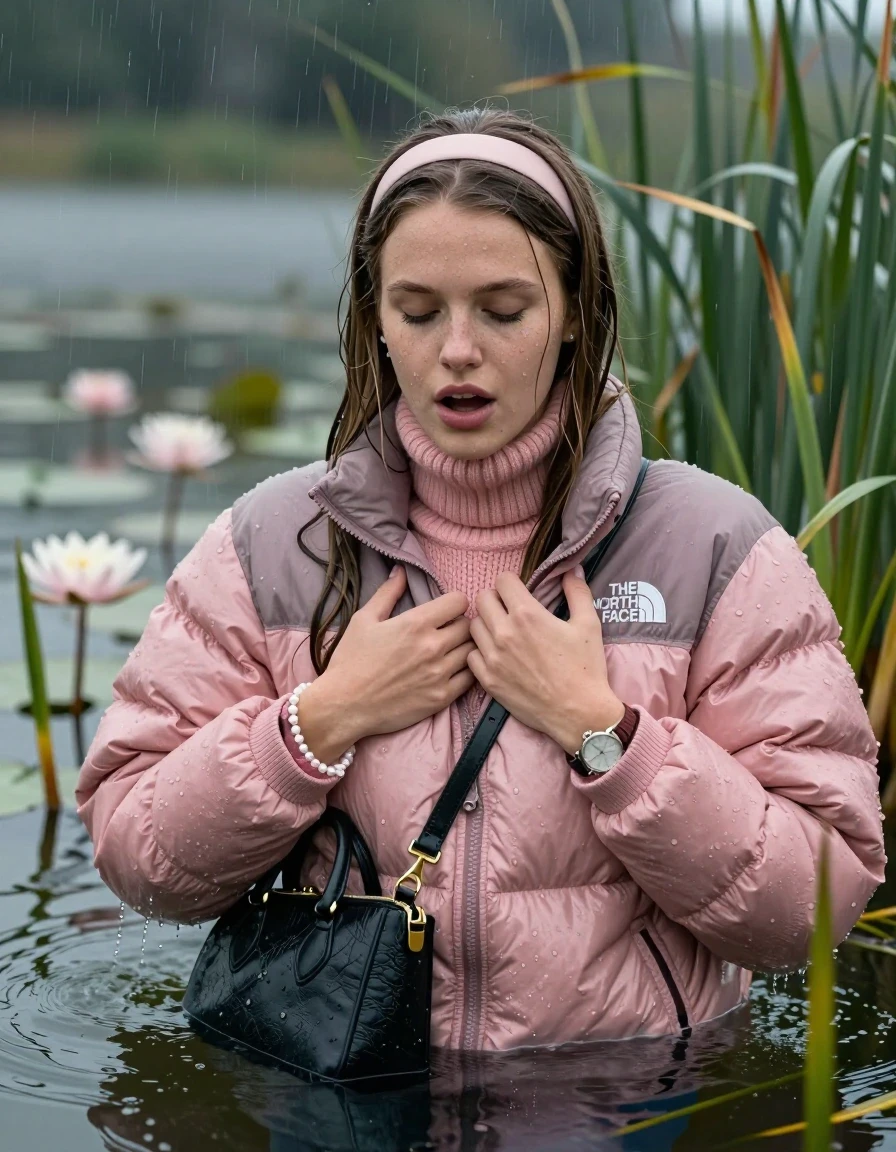 photo of young woman, in soaking wet, drenched clothes,
, , Light pink puffer down jacket from north face,  knit turtleneck sweater, handbag, pearl necklace, bracelet, wristwatch , knitted scarf, Emerging after diving in a lake with water lilies and reeds, rain , 
enjoying, wet clothes stuck to body,
detailed textures of the wet clothes, wet face, wet plastered hair,
wet, drenched, professional, high-quality details, full body view.
sharp focus, ultra-high pixel detail, realistic, high-quality, full colors, incredibly detailed, 4k, 8k, 16k, hyper-realistic, RAW photo, masterpiece, ultra-detailed, professionally color graded, professional photograph, Sleek long straight hair, hairband

19 years old  teenage girl

she is completely underwater up to her shoulders, careful and shy expression. Looking at camera. Hold her hands on her breast. Open mouth, closed eyes. Ducks into the water.

She hides in the reeds and is surprised by spectators

her submerged clothes are hardly vusible under water, she soaked her handbag into the water

close up view, wet skin, wet clothes, wet hair, damp fabric, water runs down the clothes, wet skin, wet clothes, damp fabric, wet skin, wet clothes, damp fabric, wet skin, wet clothes, damp fabric, wet skin, wet clothes, damp fabric, wet skin, wet clothes, damp fabric, wet skin, wet clothes, damp fabric, wet skin, wet clothes, damp fabric, wet skin, wet clothes, damp fabric, wet skin, wet clothes, damp fabric, wet skin, wet clothes, damp fabric, wet skin, wet clothes, damp fabric, wet skin, wet clothes, damp fabric, wet skin, wet clothes, damp fabric, wet skin, wet clothes, damp fabric