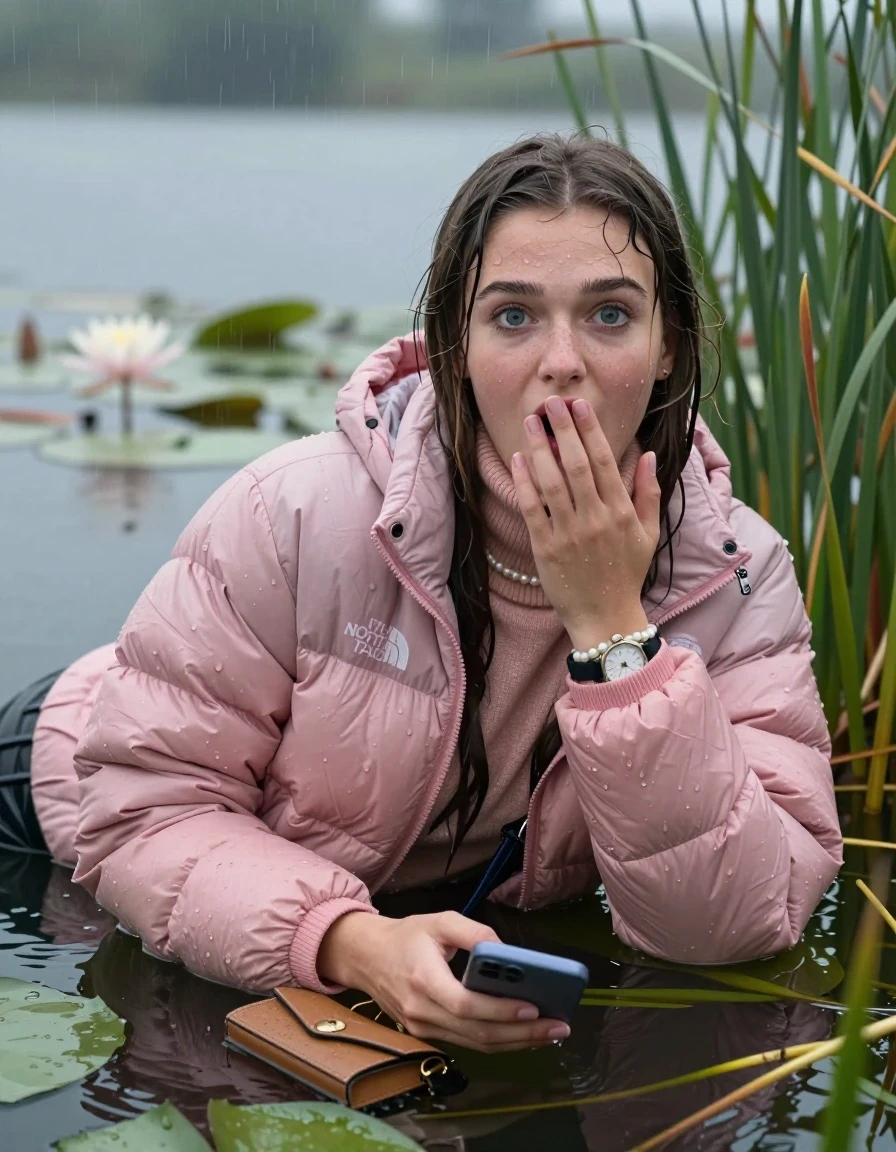 photo of young woman, in soaking wet, drenched clothes,
, , Light pink puffer down jacket from north face,  knit turtleneck sweater, handbag, pearl necklace, bracelet, wristwatch , Emerging after diving in a lake with water lilies and reeds, rain , 
enjoying, wet clothes stuck to body,
detailed textures of the wet clothes, wet face, wet plastered hair,
wet, drenched, professional, high-quality details, full body view.
sharp focus, ultra-high pixel detail, realistic, high-quality, full colors, incredibly detailed, 4k, 8k, 16k, hyper-realistic, RAW photo, masterpiece, ultra-detailed, professionally color graded, professional photograph, Brunette Sleek long straight hair

19 years old  teenage girl

open mouth, big eyes, cover her mouth with a hand and in the other hand her smartphone. Laying her breast on the surface.  Looking at camera.

she is completely underwater up to her neck, afraid and astonished expression.

She hides in the reeds and is surprised by spectators

her submerged clothes are hardly vusible under water, she soaked her handbag into the water

close up view, wet skin, wet clothes, wet hair, damp fabric, water runs down the clothes, wet skin, wet clothes, damp fabric, wet skin, wet clothes, damp fabric, wet skin, wet clothes, damp fabric, wet skin, wet clothes, damp fabric, wet skin, wet clothes, damp fabric, wet skin, wet clothes, damp fabric, wet skin, wet clothes, damp fabric, wet skin, wet clothes, damp fabric, wet skin, wet clothes, damp fabric, wet skin, wet clothes, damp fabric, wet skin, wet clothes, damp fabric, wet skin, wet clothes, damp fabric, wet skin, wet clothes, damp fabric, wet skin, wet clothes, damp fabric, wet skin, wet clothes, damp fabric, wet skin, wet clothes, damp fabric