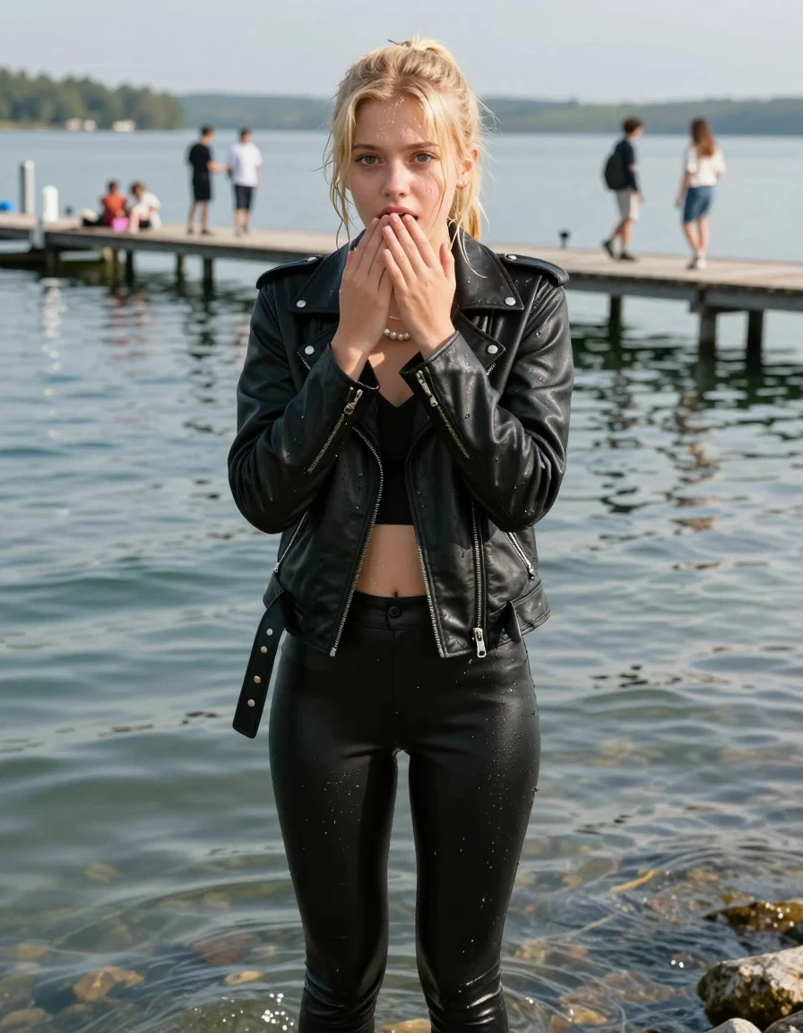 photo of young woman, in soaking wet, drenched clothes,
, Black leatherleggings , Black biker leatherjacket, crop top, Pearl necklace, 15-years-old teenage girl and her friend Climbing out of a sunny lake near a crowded Pier , 
enjoying, wet clothes stuck to body,
detailed textures of the wet clothes, wet face, wet plastered hair,
wet, drenched, professional, high-quality details, full body view.
sharp focus, ultra-high pixel detail, realistic, high-quality, full colors, incredibly detailed, 4k, 8k, 16k, hyper-realistic, RAW photo, masterpiece, ultra-detailed, professionally color graded, professional photograph, A realistic vertical fashion photograph of a 15-years-old teenage girl, positioned in the center of the frame. Blonde ponytail and bangs. Hold her hands on her mouth. Afraid and astonished, open mouth, big eyes. looking at camera., wet skin, wet clothes, damp fabric