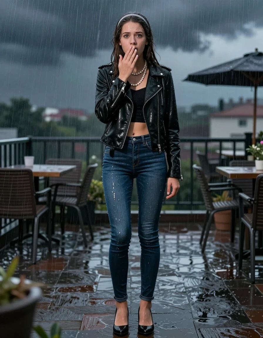 photo of young woman, in soaking wet, drenched clothes,
pumps, soaking wet tight skinny jeans, Black biker leatherjacket, crop top, Pearl necklace, fully drenched with water at the terraceat night in thunderstorm, 
enjoying, wet clothes stuck to body,
detailed textures of the wet clothes, wet face, wet plastered hair,
wet, drenched, professional, high-quality details, full body view.
sharp focus, ultra-high pixel detail, realistic, high-quality, full colors, incredibly detailed, 4k, 8k, 16k, hyper-realistic, RAW photo, masterpiece, ultra-detailed, professionally color graded, professional photograph, A realistic vertical fashion photograph of a 15-years-old young teenage girl, positioned in the center of the frame. sleek long straight hair with hairband. Hold a hand over her mouth. Afraid and astonished, open mouth, big eyes. looking at camera., wet skin, wet clothes, damp fabric, wet skin, wet clothes, damp fabric