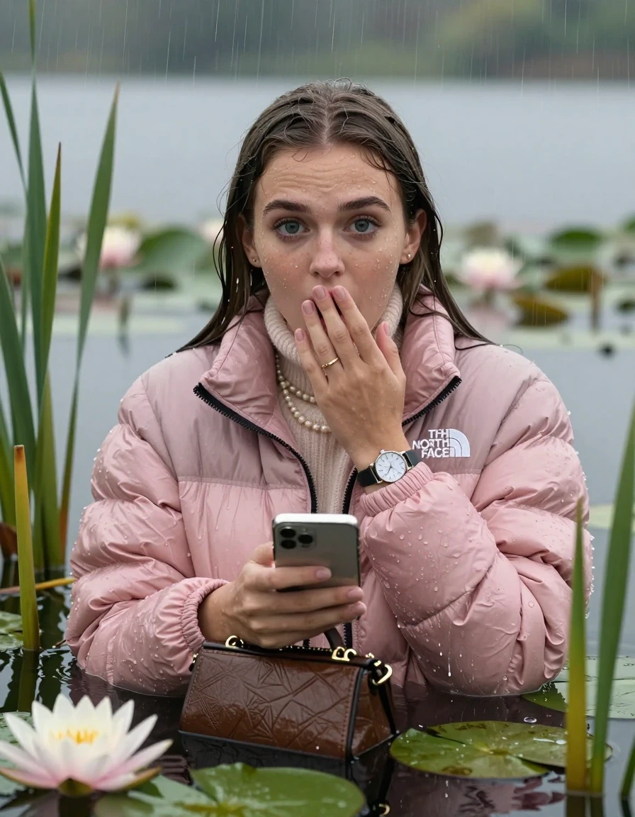 photo of young woman, in soaking wet, drenched clothes,
, , Light pink puffer down jacket from north face,  knit turtleneck sweater, handbag, pearl necklace, bracelet, wristwatch , Emerging after diving in a lake with water lilies and reeds, rain , 
enjoying, wet clothes stuck to body,
detailed textures of the wet clothes, wet face, wet plastered hair,
wet, drenched, professional, high-quality details, full body view.
sharp focus, ultra-high pixel detail, realistic, high-quality, full colors, incredibly detailed, 4k, 8k, 16k, hyper-realistic, RAW photo, masterpiece, ultra-detailed, professionally color graded, professional photograph, Brunette Sleek long straight hair

19 years old  teenage girl

open mouth, big eyes, cover her mouth with a hand and in the other hand her smartphone. Laying her breast on the surface.  Looking at camera.

she is completely underwater up to her neck, afraid and astonished expression.

She hides in the reeds and is surprised by spectators

her submerged clothes are hardly vusible under water, she soaked her handbag into the water

close up view, wet skin, wet clothes, wet hair, damp fabric, water runs down the clothes, wet skin, wet clothes, damp fabric, wet skin, wet clothes, damp fabric, wet skin, wet clothes, damp fabric, wet skin, wet clothes, damp fabric, wet skin, wet clothes, damp fabric, wet skin, wet clothes, damp fabric, wet skin, wet clothes, damp fabric, wet skin, wet clothes, damp fabric, wet skin, wet clothes, damp fabric, wet skin, wet clothes, damp fabric, wet skin, wet clothes, damp fabric, wet skin, wet clothes, damp fabric, wet skin, wet clothes, damp fabric, wet skin, wet clothes, damp fabric, wet skin, wet clothes, damp fabric, wet skin, wet clothes, damp fabric