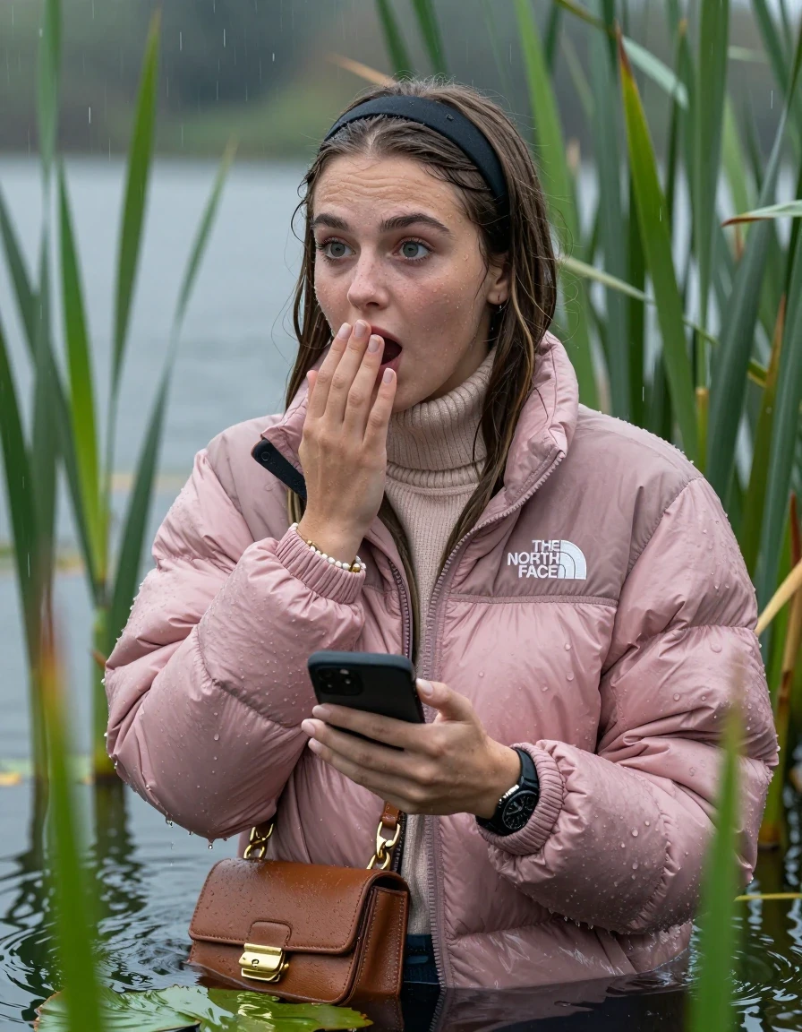 photo of young woman, in soaking wet, drenched clothes,
, , Light pink puffer down jacket from north face,  knit turtleneck sweater, handbag, pearl necklace, bracelet, wristwatch , Emerging after diving in a lake with water lilies and reeds, rain , 
enjoying, wet clothes stuck to body,
detailed textures of the wet clothes, wet face, wet plastered hair,
wet, drenched, professional, high-quality details, full body view.
sharp focus, ultra-high pixel detail, realistic, high-quality, full colors, incredibly detailed, 4k, 8k, 16k, hyper-realistic, RAW photo, masterpiece, ultra-detailed, professionally color graded, professional photograph, Sleek long straight hair, hairband

19 years old  teenage girl

open mouth, big eyes, hold one hand over her mouth and in the other hand her smartphone. Looking to the side.

she is completely underwater up to her neck, afraid and astonished expression.

She hides in the reeds and is surprised by spectators

her submerged clothes are hardly vusible under water, she soaked her handbag into the water

close up view, wet skin, wet clothes, wet hair, damp fabric, water runs down the clothes, wet skin, wet clothes, damp fabric, wet skin, wet clothes, damp fabric, wet skin, wet clothes, damp fabric, wet skin, wet clothes, damp fabric, wet skin, wet clothes, damp fabric, wet skin, wet clothes, damp fabric, wet skin, wet clothes, damp fabric, wet skin, wet clothes, damp fabric, wet skin, wet clothes, damp fabric, wet skin, wet clothes, damp fabric, wet skin, wet clothes, damp fabric, wet skin, wet clothes, damp fabric, wet skin, wet clothes, damp fabric, wet skin, wet clothes, damp fabric