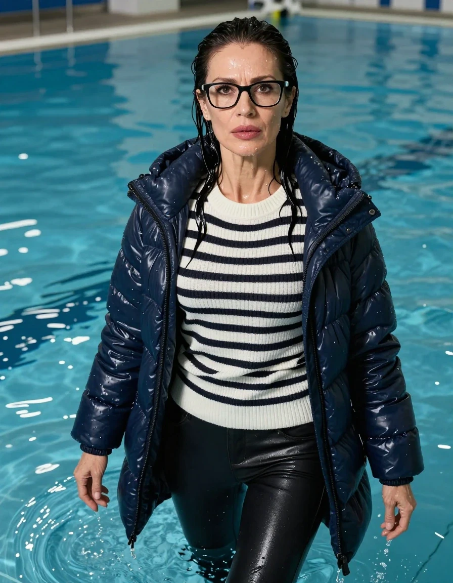photo of young woman, in soaking wet, drenched clothes,
shoes, long black leather jeans, WHITE & BLACK STRIPED sweater DRESS with neck, maxi dark blue DOWN JACKET, swim under water, indoor swimming pool, enjoying wet clothes stuck body, 
enjoying, wet clothes stuck to body,
detailed textures of the wet clothes, wet face, wet plastered hair,
wet, drenched, professional, high-quality details, full body view.
sharp focus, ultra-high pixel detail, realistic, high-quality, full colors, incredibly detailed, 4k, 8k, 16k, hyper-realistic, RAW photo, masterpiece, ultra-detailed, professionally color graded, professional photograph, europen brunette skinny woman 50 years old, long dark black hair, very big and thick lips,  office glasses, complete body, wet skin, wet clothes, damp fabric, wet skin, wet clothes, damp fabric, wet skin, wet clothes, damp fabric, wet skin, wet clothes, damp fabric, wet skin, wet clothes, damp fabric