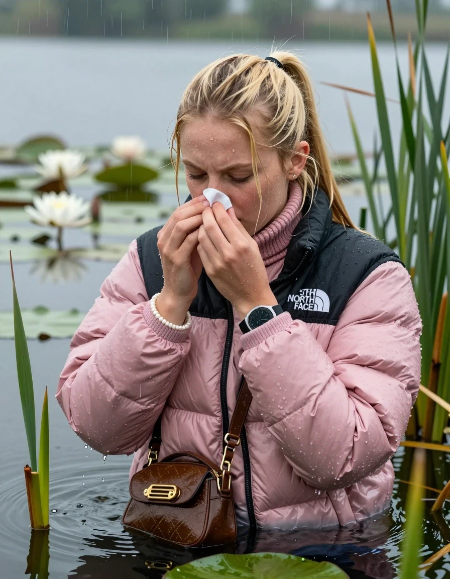 photo of young woman, in soaking wet, drenched clothes,
, , Light pink puffer down jacket from north face,  knit turtleneck sweater, handbag, pearl necklace, bracelet, wristwatch , Emerging after diving in a lake with water lilies and reeds, rain , 
enjoying, wet clothes stuck to body,
detailed textures of the wet clothes, wet face, wet plastered hair,
wet, drenched, professional, high-quality details, full body view.
sharp focus, ultra-high pixel detail, realistic, high-quality, full colors, incredibly detailed, 4k, 8k, 16k, hyper-realistic, RAW photo, masterpiece, ultra-detailed, professionally color graded, professional photograph, Blonde Sleek long ponytail with bangs, hairband

18-years-old  teenage girl

Hold her nose, closed mouth, half closed eyes

she is completely underwater up to her neck, shocked expression.

She hides in the reeds and is surprised by spectators

her submerged clothes are hardly vusible under water, she soaked her handbag into the water

close up view, wet skin, wet clothes, wet hair, damp fabric, water runs down the clothes, wet skin, wet clothes, damp fabric, wet skin, wet clothes, damp fabric, wet skin, wet clothes, damp fabric, wet skin, wet clothes, damp fabric, wet skin, wet clothes, damp fabric, wet skin, wet clothes, damp fabric, wet skin, wet clothes, damp fabric, wet skin, wet clothes, damp fabric, wet skin, wet clothes, damp fabric, wet skin, wet clothes, damp fabric, wet skin, wet clothes, damp fabric, wet skin, wet clothes, damp fabric