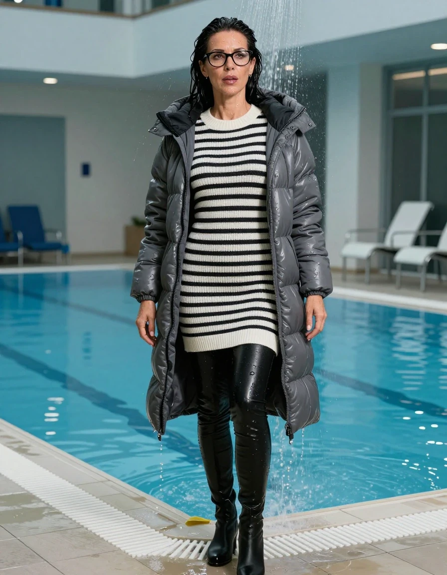 photo of young woman, in soaking wet, drenched clothes,
shoes, long black leather jeans, WHITE & BLACK STRIPED sweater DRESS with neck, maxi gray DOWN JACKET, TAKING SHOWER, indoor swimming pool, enjoying wet clothes stuck body, 
enjoying, wet clothes stuck to body,
detailed textures of the wet clothes, wet face, wet plastered hair,
wet, drenched, professional, high-quality details, full body view.
sharp focus, ultra-high pixel detail, realistic, high-quality, full colors, incredibly detailed, 4k, 8k, 16k, hyper-realistic, RAW photo, masterpiece, ultra-detailed, professionally color graded, professional photograph, europen brunette skinny woman 50 years old, long dark black hair, very big and thick lips,  office glasses, complete body, wet skin, wet clothes, damp fabric, wet skin, wet clothes, damp fabric, wet skin, wet clothes, damp fabric, wet skin, wet clothes, damp fabric, wet skin, wet clothes, damp fabric