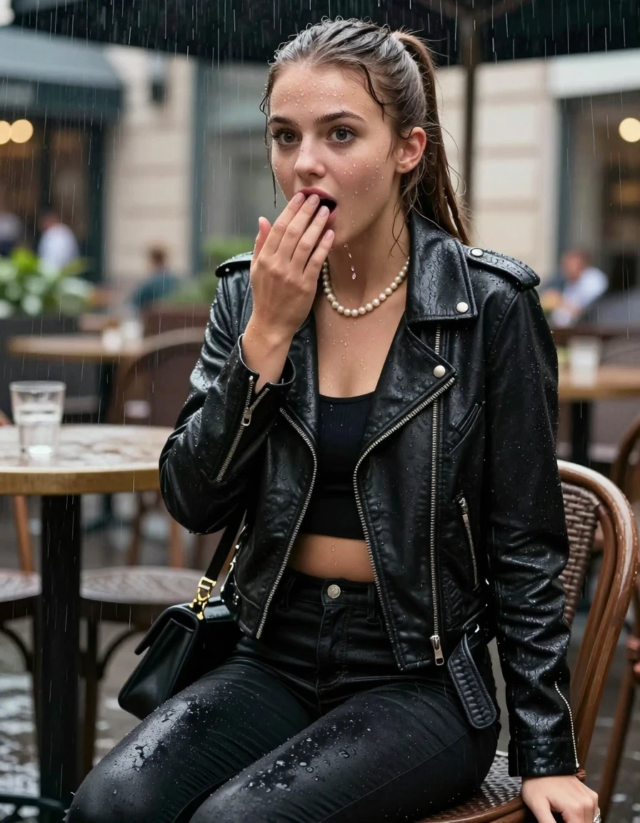 photo of young woman, in soaking wet, drenched clothes,
,  tight black skinny jeans, Black biker leatherjacket, crop top, Pearl necklace, bracelet, shoulderbag, sitting under heavy rain at outdoor restaurant, enjoying wet clothes stuck body, 
enjoying, wet clothes stuck to body,
detailed textures of the wet clothes, wet face, wet plastered hair,
wet, drenched, professional, high-quality details, full body view.
sharp focus, ultra-high pixel detail, realistic, high-quality, full colors, incredibly detailed, 4k, 8k, 16k, hyper-realistic, RAW photo, masterpiece, ultra-detailed, professionally color graded, professional photograph, A realistic vertical fashion photograph of a 15-years-old young teenage girl. afraid and astonished, open mouth, big eyes. holding her hand over her mouth. sleek long ponytail, wet skin, wet clothes, water runs from her body and her clothes in streams. A lot of water also runs out of her clothes. Her clothes are darkened by the water. Her submerged clothes are clinging wet.  fabric, wet skin, wet clothes, damp fabric