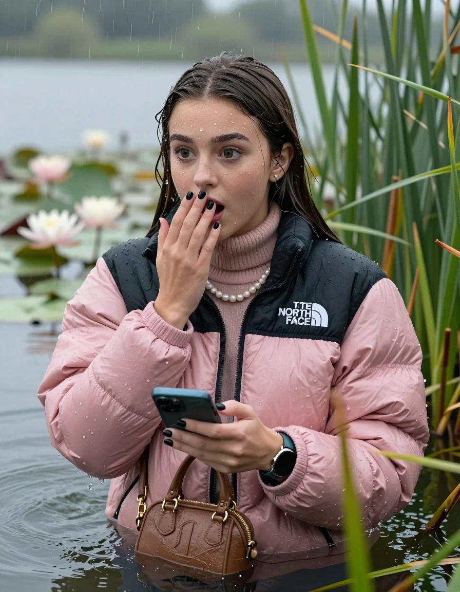 photo of young woman, in soaking wet, drenched clothes,
, , Light pink puffer down jacket from north face,  knit turtleneck sweater, handbag, pearl necklace, bracelet, wristwatch , black nails, Emerging after diving in a lake with water lilies and reeds, rain , 
enjoying, wet clothes stuck to body,
detailed textures of the wet clothes, wet face, wet plastered hair,
wet, drenched, professional, high-quality details, full body view.
sharp focus, ultra-high pixel detail, realistic, high-quality, full colors, incredibly detailed, 4k, 8k, 16k, hyper-realistic, RAW photo, masterpiece, ultra-detailed, professionally color graded, professional photograph, Brunette Sleek long straight hair

19 years old  teenage girl

open mouth, big eyes, hold one hand over her mouth and in the other hand her smartphone. Looking to the side.

she is completely underwater up to her neck, afraid and astonished expression.

She hides in the reeds and is surprised by spectators

her submerged clothes are hardly vusible under water, she soaked her handbag into the water

close up view, wet skin, wet clothes, wet hair, damp fabric, water runs down the clothes, wet skin, wet clothes, damp fabric, wet skin, wet clothes, damp fabric, wet skin, wet clothes, damp fabric, wet skin, wet clothes, damp fabric, wet skin, wet clothes, damp fabric, wet skin, wet clothes, damp fabric, wet skin, wet clothes, damp fabric, wet skin, wet clothes, damp fabric, wet skin, wet clothes, damp fabric, wet skin, wet clothes, damp fabric, wet skin, wet clothes, damp fabric, wet skin, wet clothes, damp fabric, wet skin, wet clothes, damp fabric, wet skin, wet clothes, damp fabric, wet skin, wet clothes, damp fabric