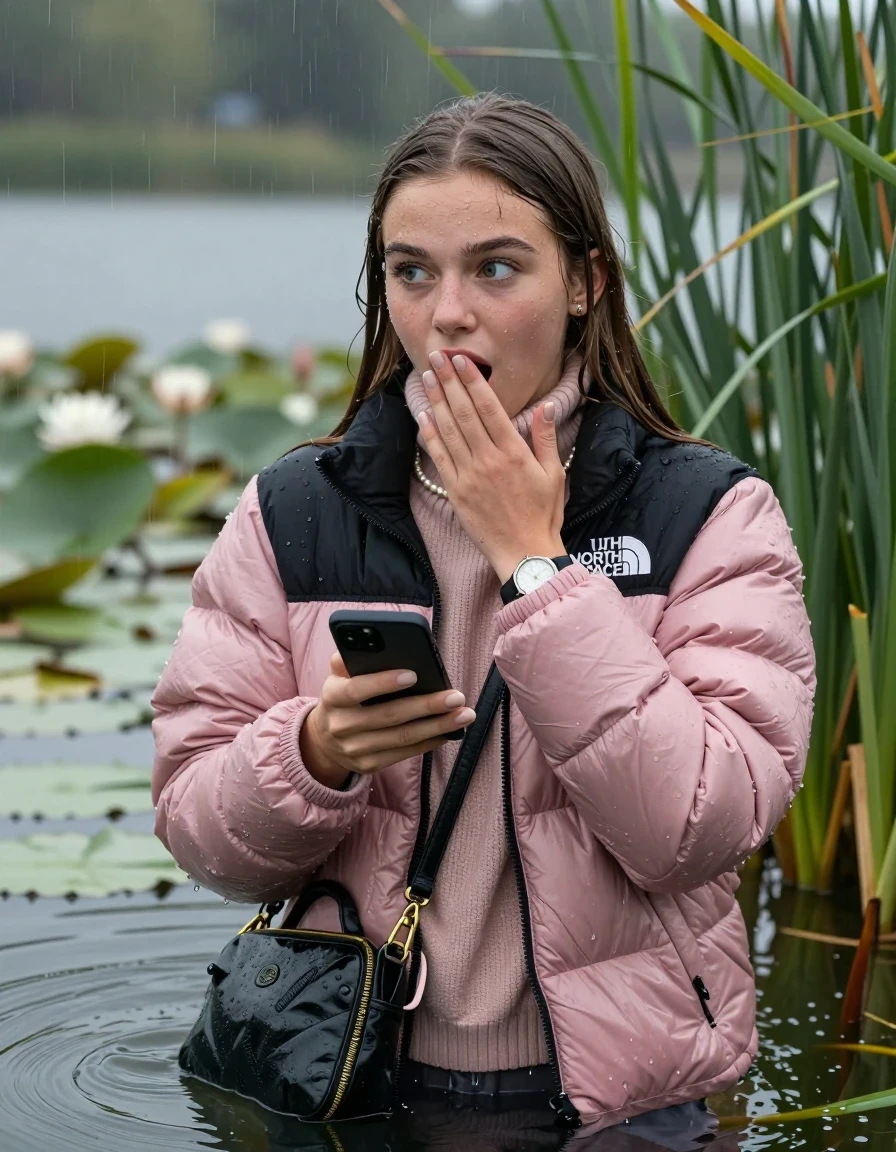 photo of young woman, in soaking wet, drenched clothes,
, , Light pink puffer down jacket from north face,  knit turtleneck sweater, handbag, pearl necklace, bracelet, wristwatch , Emerging after diving in a lake with water lilies and reeds, rain , 
enjoying, wet clothes stuck to body,
detailed textures of the wet clothes, wet face, wet plastered hair,
wet, drenched, professional, high-quality details, full body view.
sharp focus, ultra-high pixel detail, realistic, high-quality, full colors, incredibly detailed, 4k, 8k, 16k, hyper-realistic, RAW photo, masterpiece, ultra-detailed, professionally color graded, professional photograph, Brunette Sleek long straight hair

19 years old  teenage girl

open mouth, big eyes, hold one hand over her mouth and in the other hand her smartphone. Looking to the side.

she is completely underwater up to her neck, afraid and astonished expression.

She hides in the reeds and is surprised by spectators

her submerged clothes are hardly vusible under water, she soaked her handbag into the water

close up view, wet skin, wet clothes, wet hair, damp fabric, water runs down the clothes, wet skin, wet clothes, damp fabric, wet skin, wet clothes, damp fabric, wet skin, wet clothes, damp fabric, wet skin, wet clothes, damp fabric, wet skin, wet clothes, damp fabric, wet skin, wet clothes, damp fabric, wet skin, wet clothes, damp fabric, wet skin, wet clothes, damp fabric, wet skin, wet clothes, damp fabric, wet skin, wet clothes, damp fabric, wet skin, wet clothes, damp fabric, wet skin, wet clothes, damp fabric, wet skin, wet clothes, damp fabric, wet skin, wet clothes, damp fabric, wet skin, wet clothes, damp fabric