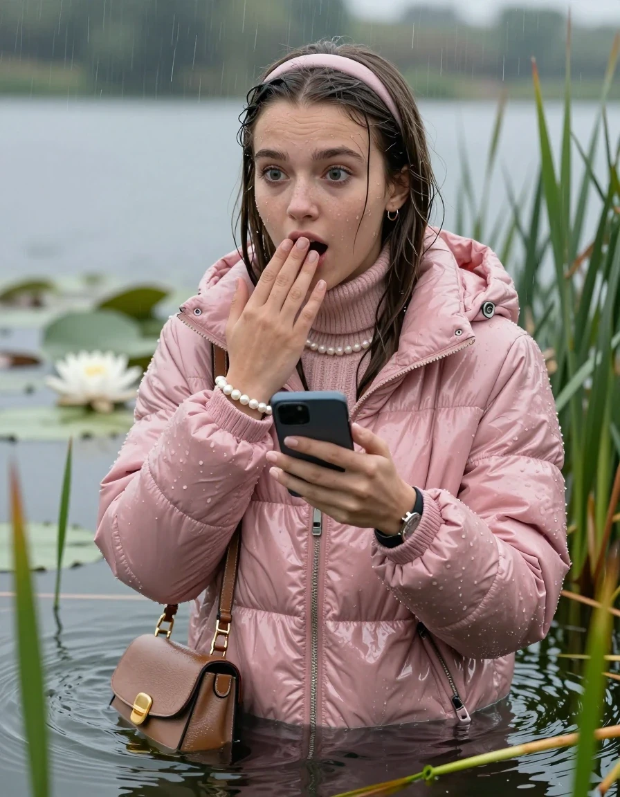photo of young woman, in soaking wet, drenched clothes,
, , Light pink shiny puffer down jacket from monclare,  knit turtleneck sweater, handbag, pearl necklace, bracelet, wristwatch , Emerging after diving in a lake with water lilies and reeds, rain , 
enjoying, wet clothes stuck to body,
detailed textures of the wet clothes, wet face, wet plastered hair,
wet, drenched, professional, high-quality details, full body view.
sharp focus, ultra-high pixel detail, realistic, high-quality, full colors, incredibly detailed, 4k, 8k, 16k, hyper-realistic, RAW photo, masterpiece, ultra-detailed, professionally color graded, professional photograph, Sleek long straight hair, hairband

19 years old  teenage girl

open mouth, big eyes, hold one hand over her mouth and in the other hand her smartphone. Looking to the side.

she is completely underwater up to her neck, afraid and astonished expression.

She hides in the reeds and is surprised by spectators

her submerged clothes are hardly vusible under water, she soaked her handbag into the water

close up view, wet skin, wet clothes, wet hair, damp fabric, water runs down the clothes, wet skin, wet clothes, damp fabric, wet skin, wet clothes, damp fabric, wet skin, wet clothes, damp fabric, wet skin, wet clothes, damp fabric, wet skin, wet clothes, damp fabric, wet skin, wet clothes, damp fabric, wet skin, wet clothes, damp fabric, wet skin, wet clothes, damp fabric, wet skin, wet clothes, damp fabric, wet skin, wet clothes, damp fabric, wet skin, wet clothes, damp fabric, wet skin, wet clothes, damp fabric, wet skin, wet clothes, damp fabric, wet skin, wet clothes, damp fabric