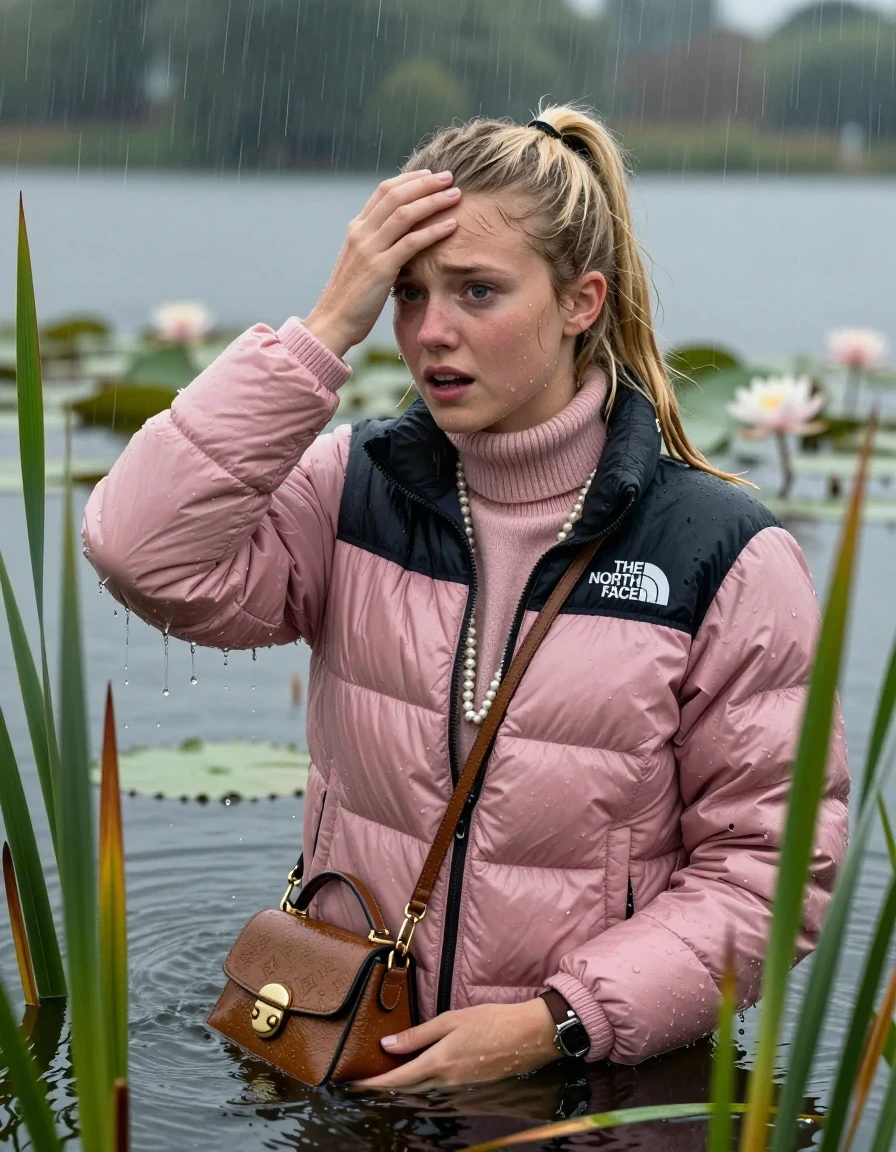 photo of young woman, in soaking wet, drenched clothes,
, , Light pink puffer down jacket from north face,  knit turtleneck sweater, handbag, pearl necklace, bracelet, wristwatch , Emerging after diving in a lake with water lilies and reeds, rain , 
enjoying, wet clothes stuck to body,
detailed textures of the wet clothes, wet face, wet plastered hair,
wet, drenched, professional, high-quality details, full body view.
sharp focus, ultra-high pixel detail, realistic, high-quality, full colors, incredibly detailed, 4k, 8k, 16k, hyper-realistic, RAW photo, masterpiece, ultra-detailed, professionally color graded, professional photograph, Blonde Sleek long ponytail, hairband

15-years-old  teenage girl

Hold her hand on her forehead, open mouth, big eyes

she is completely underwater up to her neck, frustrated and sad expression.

She hides in the reeds and is surprised by spectators

her submerged clothes are hardly vusible under water, she soaked her handbag into the water

close up view, wet skin, wet clothes, wet hair, damp fabric, water runs down the clothes, wet skin, wet clothes, damp fabric, wet skin, wet clothes, damp fabric, wet skin, wet clothes, damp fabric, wet skin, wet clothes, damp fabric, wet skin, wet clothes, damp fabric, wet skin, wet clothes, damp fabric, wet skin, wet clothes, damp fabric, wet skin, wet clothes, damp fabric, wet skin, wet clothes, damp fabric, wet skin, wet clothes, damp fabric, wet skin, wet clothes, damp fabric, wet skin, wet clothes, damp fabric