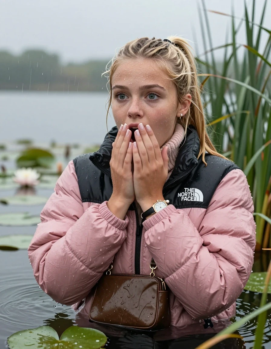 photo of young woman, in soaking wet, drenched clothes,
, , Light pink puffer down jacket from north face,  knit turtleneck sweater, handbag, pearl necklace, bracelet, wristwatch , Emerging after diving in a lake with water lilies and reeds, rain , 
enjoying, wet clothes stuck to body,
detailed textures of the wet clothes, wet face, wet plastered hair,
wet, drenched, professional, high-quality details, full body view.
sharp focus, ultra-high pixel detail, realistic, high-quality, full colors, incredibly detailed, 4k, 8k, 16k, hyper-realistic, RAW photo, masterpiece, ultra-detailed, professionally color graded, professional photograph, Blonde Sleek long ponytail with bangs, hairband

18-years-old  teenage girl

Hold her hands over her mouth, open mouth, big eyes

she is completely underwater up to her neck, shocked expression.

She hides in the reeds and is surprised by spectators

her submerged clothes are hardly vusible under water, she soaked her handbag into the water

close up view, wet skin, wet clothes, wet hair, damp fabric, water runs down the clothes, wet skin, wet clothes, damp fabric, wet skin, wet clothes, damp fabric, wet skin, wet clothes, damp fabric, wet skin, wet clothes, damp fabric, wet skin, wet clothes, damp fabric, wet skin, wet clothes, damp fabric, wet skin, wet clothes, damp fabric, wet skin, wet clothes, damp fabric, wet skin, wet clothes, damp fabric, wet skin, wet clothes, damp fabric, wet skin, wet clothes, damp fabric, wet skin, wet clothes, damp fabric