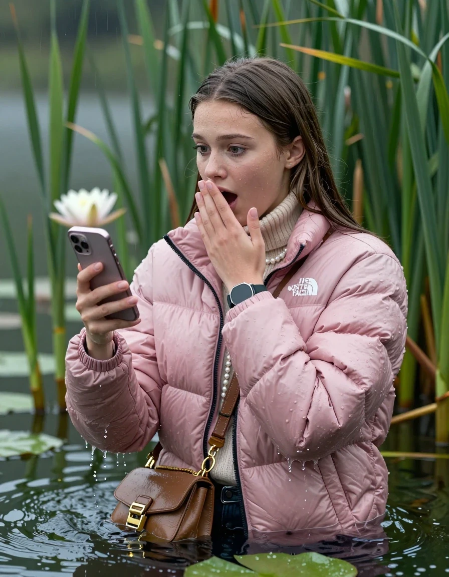photo of young woman, in soaking wet, drenched clothes,
, , Light pink puffer down jacket from north face,  knit turtleneck sweater, handbag, pearl necklace, bracelet, wristwatch , Emerging after diving in a lake with water lilies and reeds, rain , 
enjoying, wet clothes stuck to body,
detailed textures of the wet clothes, wet face, wet plastered hair,
wet, drenched, professional, high-quality details, full body view.
sharp focus, ultra-high pixel detail, realistic, high-quality, full colors, incredibly detailed, 4k, 8k, 16k, hyper-realistic, RAW photo, masterpiece, ultra-detailed, professionally color graded, professional photograph, Brunette Sleek long straight hair

19 years old  teenage girl

open mouth, big eyes, cover her mouth with a hand and in the other hand her smartphone. Looking to the side.

she is completely underwater up to her neck, afraid and astonished expression.

She hides in the reeds and is surprised by spectators

her submerged clothes are hardly vusible under water, she soaked her handbag into the water

close up view, wet skin, wet clothes, wet hair, damp fabric, water runs down the clothes, wet skin, wet clothes, damp fabric, wet skin, wet clothes, damp fabric, wet skin, wet clothes, damp fabric, wet skin, wet clothes, damp fabric, wet skin, wet clothes, damp fabric, wet skin, wet clothes, damp fabric, wet skin, wet clothes, damp fabric, wet skin, wet clothes, damp fabric, wet skin, wet clothes, damp fabric, wet skin, wet clothes, damp fabric, wet skin, wet clothes, damp fabric, wet skin, wet clothes, damp fabric, wet skin, wet clothes, damp fabric, wet skin, wet clothes, damp fabric, wet skin, wet clothes, damp fabric