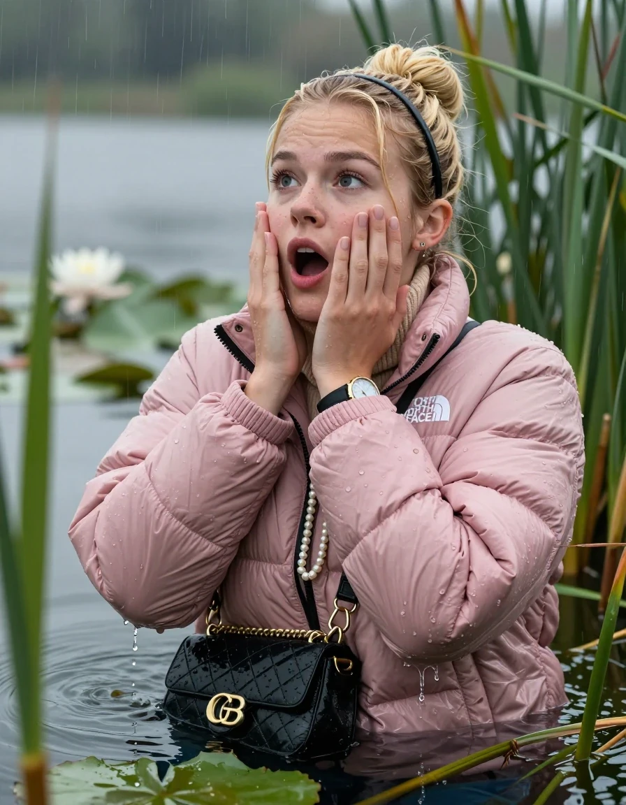photo of young woman, in soaking wet, drenched clothes,
, , Light pink puffer down jacket from north face,  knit turtleneck sweater, handbag, pearl necklace, bracelet, wristwatch , Emerging after diving in a lake with water lilies and reeds, rain , 
enjoying, wet clothes stuck to body,
detailed textures of the wet clothes, wet face, wet plastered hair,
wet, drenched, professional, high-quality details, full body view.
sharp focus, ultra-high pixel detail, realistic, high-quality, full colors, incredibly detailed, 4k, 8k, 16k, hyper-realistic, RAW photo, masterpiece, ultra-detailed, professionally color graded, professional photograph, Blonde Sleek topknot with bangs, hairband18-years-old  teenage girl

Holding her hands over her face, open mouth, half closed eyes, looking up

she is completely underwater up to her neck, afraid and astonished expression.

She hides in the reeds and is surprised by spectators

her submerged clothes are hardly vusible under water, she soaked her handbag into the water

close up view, wet skin, wet clothes, wet hair, damp fabric, water runs down the clothes, wet skin, wet clothes, damp fabric, wet skin, wet clothes, damp fabric, wet skin, wet clothes, damp fabric, wet skin, wet clothes, damp fabric, wet skin, wet clothes, damp fabric, wet skin, wet clothes, damp fabric, wet skin, wet clothes, damp fabric, wet skin, wet clothes, damp fabric, wet skin, wet clothes, damp fabric, wet skin, wet clothes, damp fabric, wet skin, wet clothes, damp fabric, wet skin, wet clothes, damp fabric