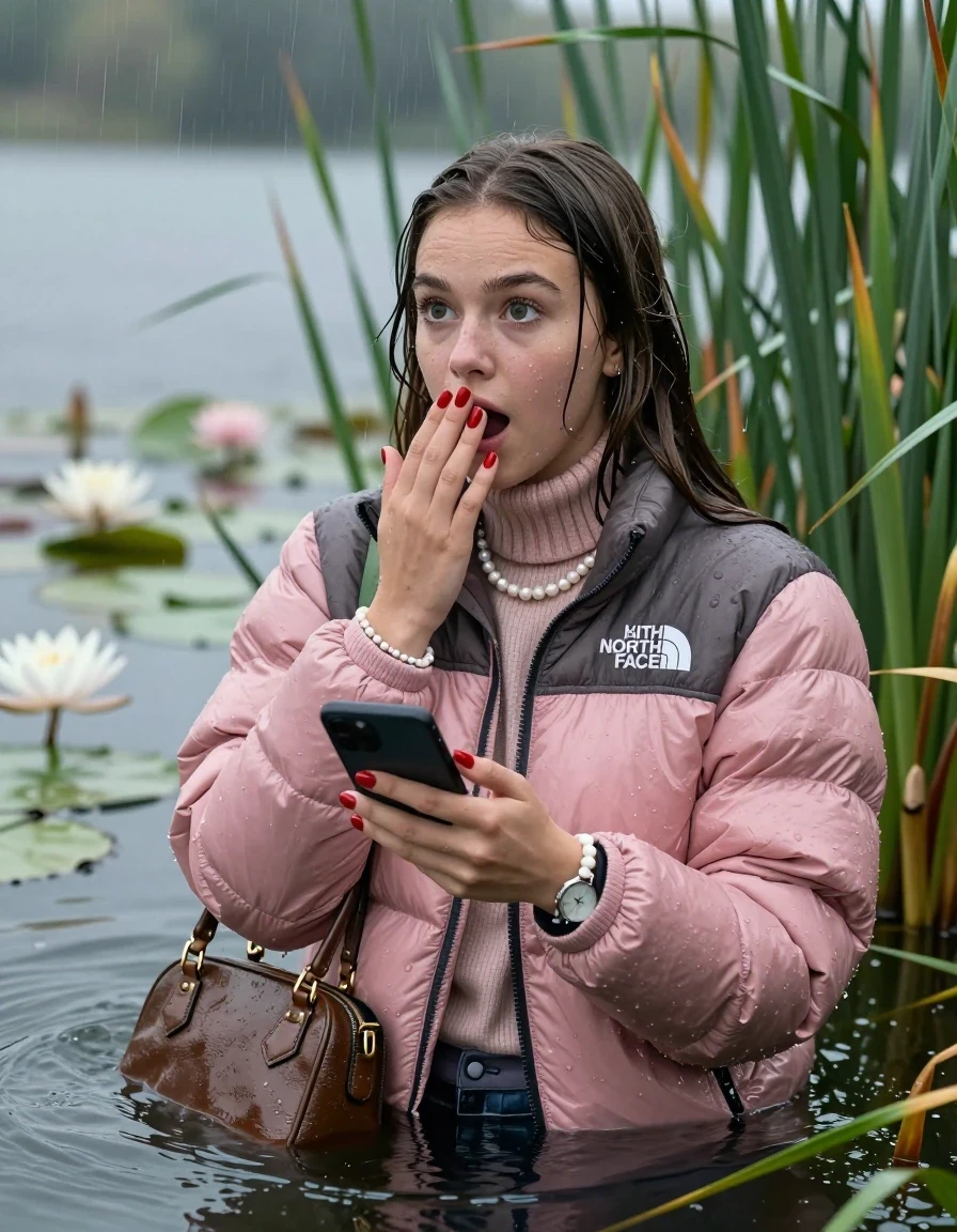 photo of young woman, in soaking wet, drenched clothes,
, , Light pink puffer down jacket from north face,  knit turtleneck sweater, handbag, pearl necklace, bracelet, wristwatch , red nails, Emerging after diving in a lake with water lilies and reeds, rain , 
enjoying, wet clothes stuck to body,
detailed textures of the wet clothes, wet face, wet plastered hair,
wet, drenched, professional, high-quality details, full body view.
sharp focus, ultra-high pixel detail, realistic, high-quality, full colors, incredibly detailed, 4k, 8k, 16k, hyper-realistic, RAW photo, masterpiece, ultra-detailed, professionally color graded, professional photograph, Brunette Sleek long straight hair

19 years old  teenage girl

open mouth, big eyes, hold one hand over her mouth and in the other hand her smartphone. Looking to the side.

she is completely underwater up to her neck, afraid and astonished expression.

She hides in the reeds and is surprised by spectators

her submerged clothes are hardly vusible under water, she soaked her handbag into the water

close up view, wet skin, wet clothes, wet hair, damp fabric, water runs down the clothes, wet skin, wet clothes, damp fabric, wet skin, wet clothes, damp fabric, wet skin, wet clothes, damp fabric, wet skin, wet clothes, damp fabric, wet skin, wet clothes, damp fabric, wet skin, wet clothes, damp fabric, wet skin, wet clothes, damp fabric, wet skin, wet clothes, damp fabric, wet skin, wet clothes, damp fabric, wet skin, wet clothes, damp fabric, wet skin, wet clothes, damp fabric, wet skin, wet clothes, damp fabric, wet skin, wet clothes, damp fabric, wet skin, wet clothes, damp fabric, wet skin, wet clothes, damp fabric