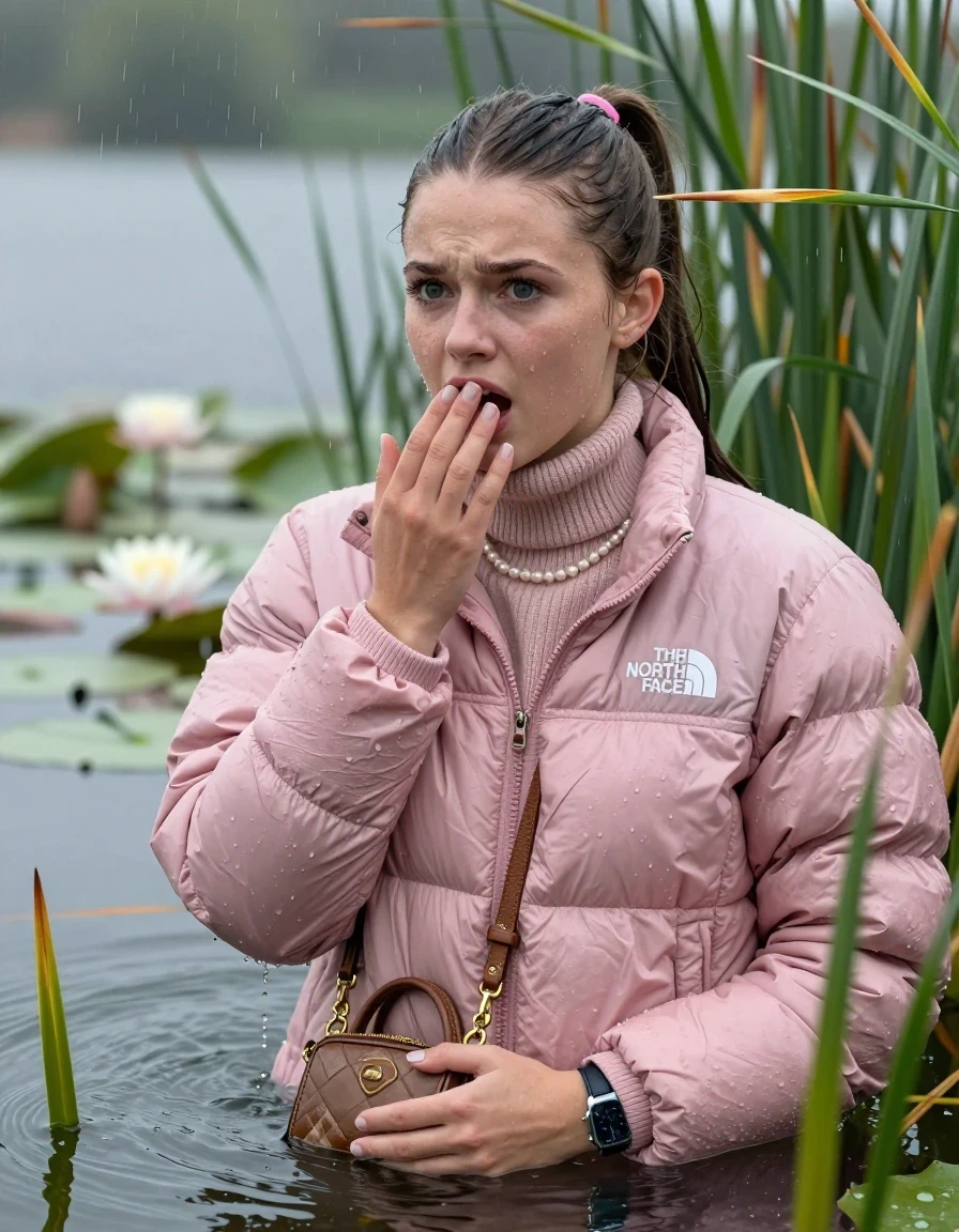 photo of young woman, in soaking wet, drenched clothes,
, , Light pink puffer down jacket from north face,  knit turtleneck sweater, handbag, pearl necklace, bracelet, wristwatch , Emerging after diving in a lake with water lilies and reeds, rain , 
enjoying, wet clothes stuck to body,
detailed textures of the wet clothes, wet face, wet plastered hair,
wet, drenched, professional, high-quality details, full body view.
sharp focus, ultra-high pixel detail, realistic, high-quality, full colors, incredibly detailed, 4k, 8k, 16k, hyper-realistic, RAW photo, masterpiece, ultra-detailed, professionally color graded, professional photograph, Sleek long ponytail, hairband

19 years old  teenage girl

Hold her hand on her mouth, open mouth, big eyes

she is completely underwater up to her neck, frustrated and sad expression.

She hides in the reeds and is surprised by spectators

her submerged clothes are hardly vusible under water, she soaked her handbag into the water

close up view, wet skin, wet clothes, wet hair, damp fabric, water runs down the clothes, wet skin, wet clothes, damp fabric, wet skin, wet clothes, damp fabric, wet skin, wet clothes, damp fabric, wet skin, wet clothes, damp fabric, wet skin, wet clothes, damp fabric, wet skin, wet clothes, damp fabric, wet skin, wet clothes, damp fabric, wet skin, wet clothes, damp fabric, wet skin, wet clothes, damp fabric, wet skin, wet clothes, damp fabric, wet skin, wet clothes, damp fabric, wet skin, wet clothes, damp fabric